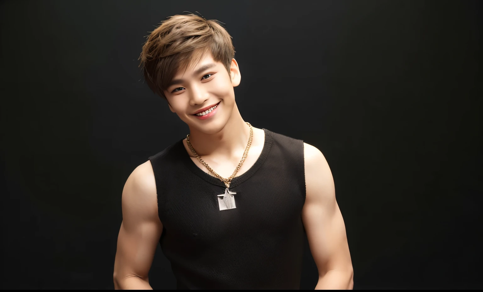 masterpiece,1 boy, alone, simple background, looking at the viewer, light smile, metal necklace, Kakullan, bandage, black pants, troublemaker, Yankee, accessories, Light brown two-tone hair color, Unique hairstyle, Snazzy, french braid, simple background, black background, whole body, odd eye
