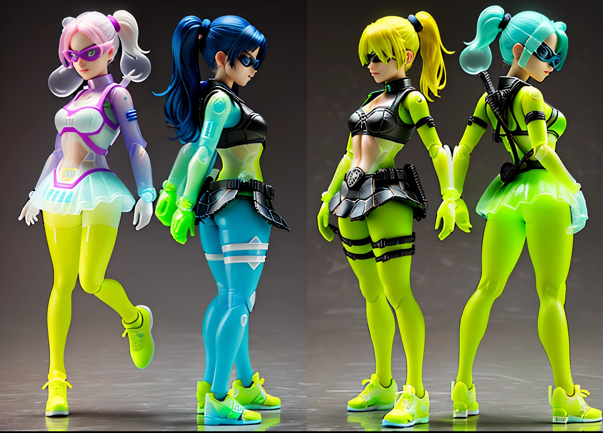 3D toy bubble gun girl shoots bubbles,(((multiple views of the same character))),(full bady) ,(age mutant ninja turtle:1.325), fluorescent translucent, luminous body, colorful, plastic, transparent, product design, glowing jelly, precision mechanical parts, awesome Lighting, 3D, digital art , translucent plastic bubblegum, close-up, 3d, super detailed, generate three views, namely front view, side view and rear view, no boundary line, C4D, octane rendering, Blender, HD, full body, simple background!!! --ar 16:9 --niji 5 --style expressiveness