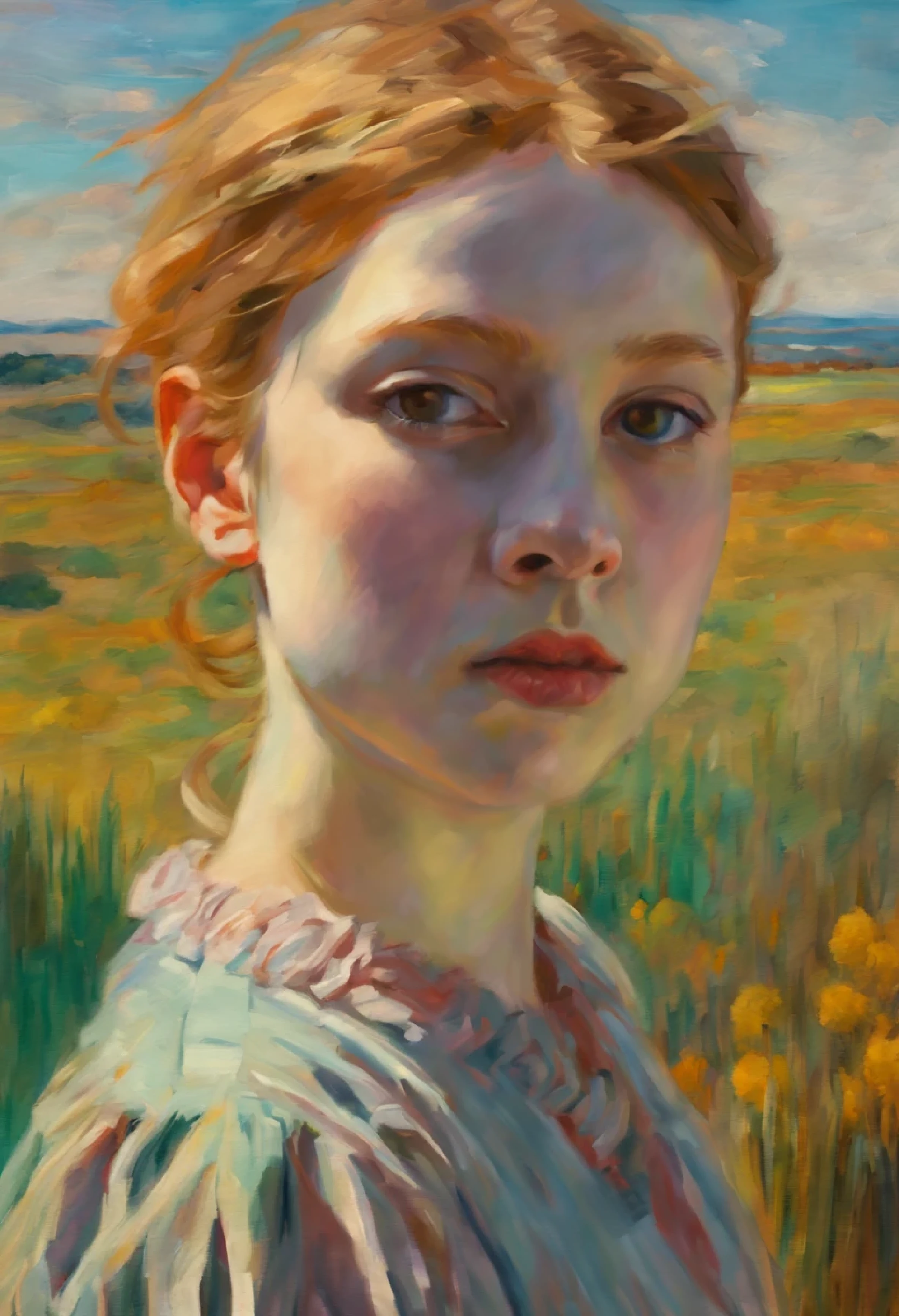 [((front portrait): Young Mina Sundwall, in the style of Edgar-Degas):20]/[background: nature landscape enemy planet of the future metropolis, [morning light], ( in the style of Edgar-Degas)], very colorful, ((Palette/oil painting Palette knife)), ((masterpiece)), Single shot, Impression, extreme detail, perspective, 8K