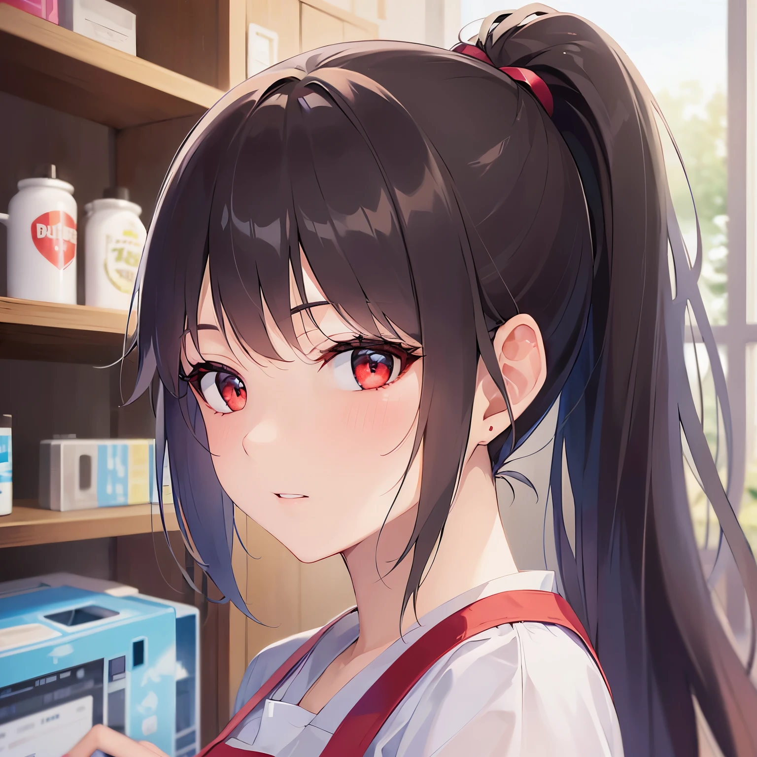 Raising hand, high quality、masterpiece、Realistic, real person, RAW photo, photorealistic, portrait photography, shiny skin, japanese idol、shiny hair、(25 year old woman with black bangs) and (ponytail:1.2) and (red eyes), curvy, He wears a plain white shirt with long sleeves., (wearing a red apron:1.3)、face waiting for kiss, The background is the washroom、washing machine、shelf