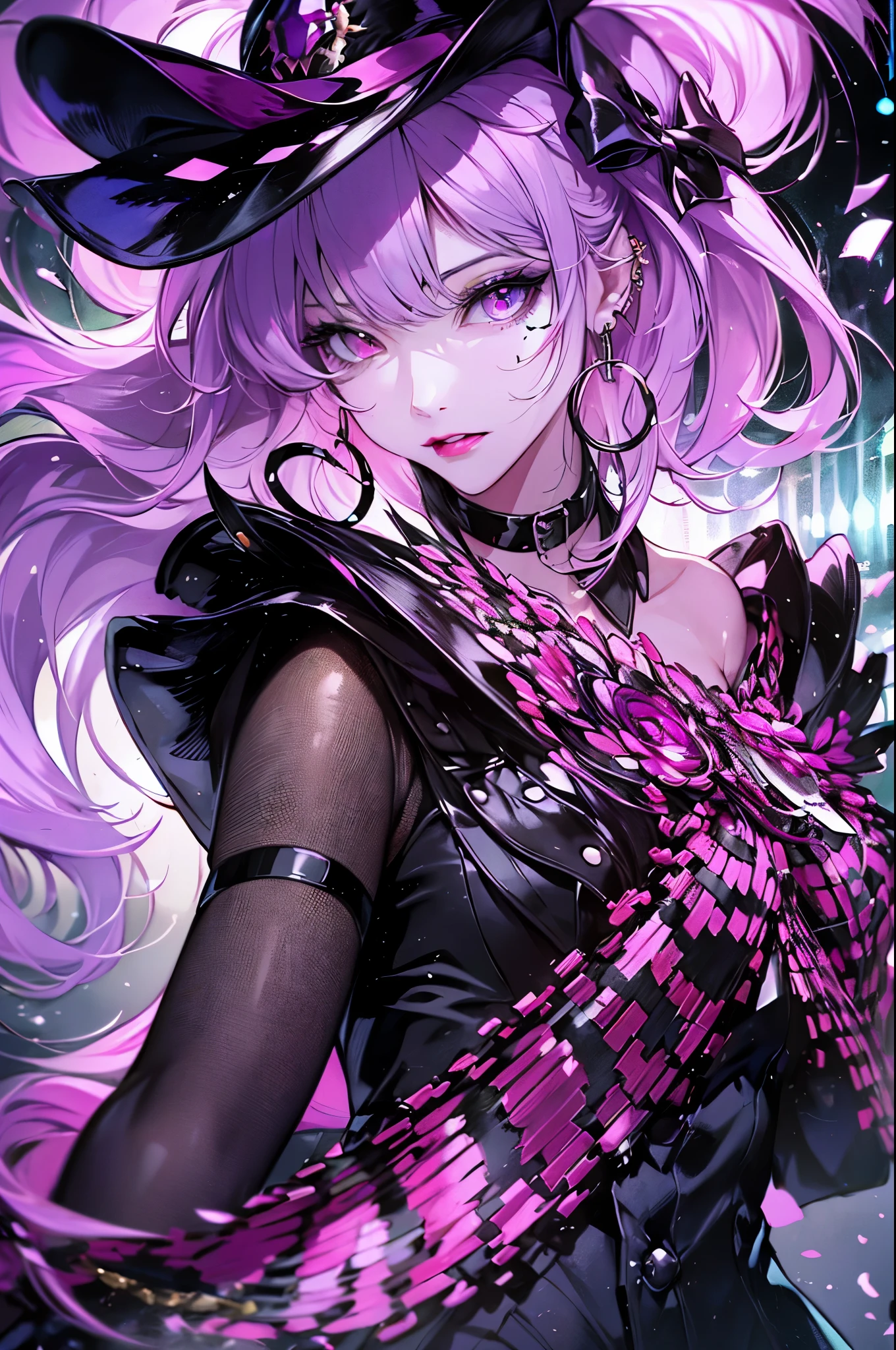 hair above one eye, red eyes, clear eyes, choker, Neon Shirt, purple pirate costume,hat、cloak,torn legwear, open jacket, shineing grafiti, shineing tattoos, shine, neon light, Black light,anime style, movieポートレート写真, 1 female, Full body Esbian,blue eye background, big and full breasts, anger, (scarlet colored hair), long hair, purple eyes, wearing a short black dress, (natural skin texture vivid details, surreal, (realistic detailed eyes, natural skin texture, realistic facial details), soft and dramatic lighting, Depth of written boundary, Bokeh, vivid details, surreal, 35mm movie, hazy blur, movie,lipstick, ear piercing, eye shadow, hoop earrings, Red-pink lips, 多色のred eyes, purple theme,Wear an iridescent aura,beautiful eyes,There are many treasure chests、grab the gem,bold pose、decide on a pose,upper ponytail,Hanging bangs