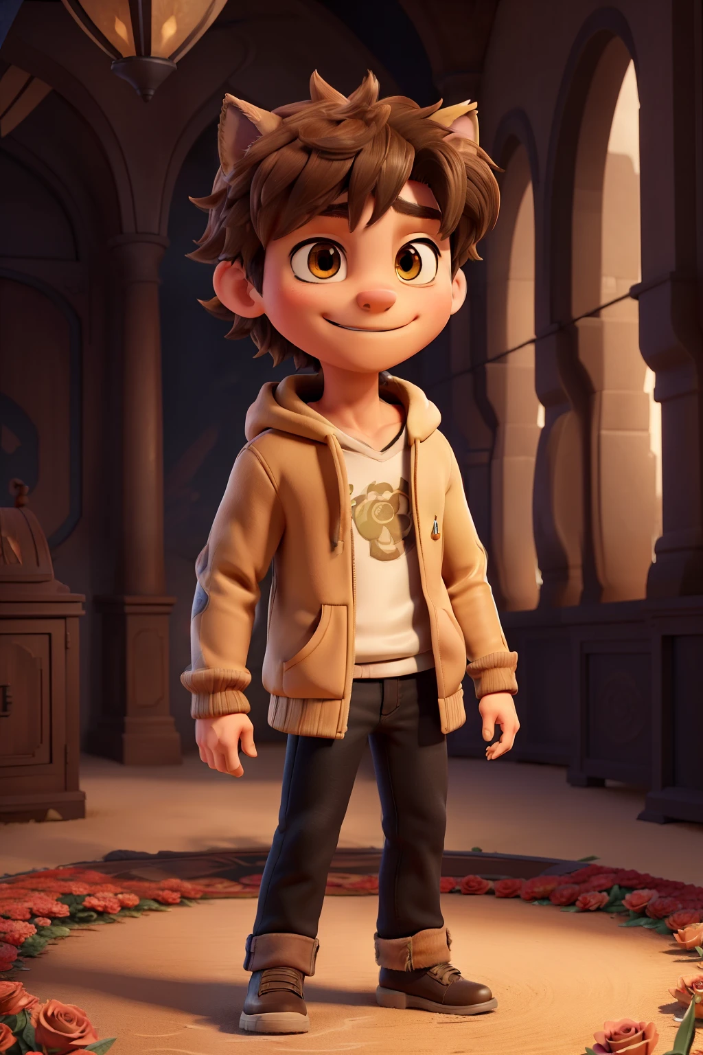 In the heart of a surreal world, a masterpiece comes to life. An intricately detailed, full-body figure of the wolf man emerges, crafted with top-quality materials and ultra-detailed precision. Chibi in style, this masculine creation boasts brown, shaggy hair and piercing yellow eyes that gleam with an otherworldly charm.
He stands proudly with a charming smile on his face, beneath the captivating canopy of a Rose Flower Carpet. His illusory engine hums softly as he wears a black hoodie and jeans, blending seamlessly into the 8k visual landscape. A smile adorns his face.