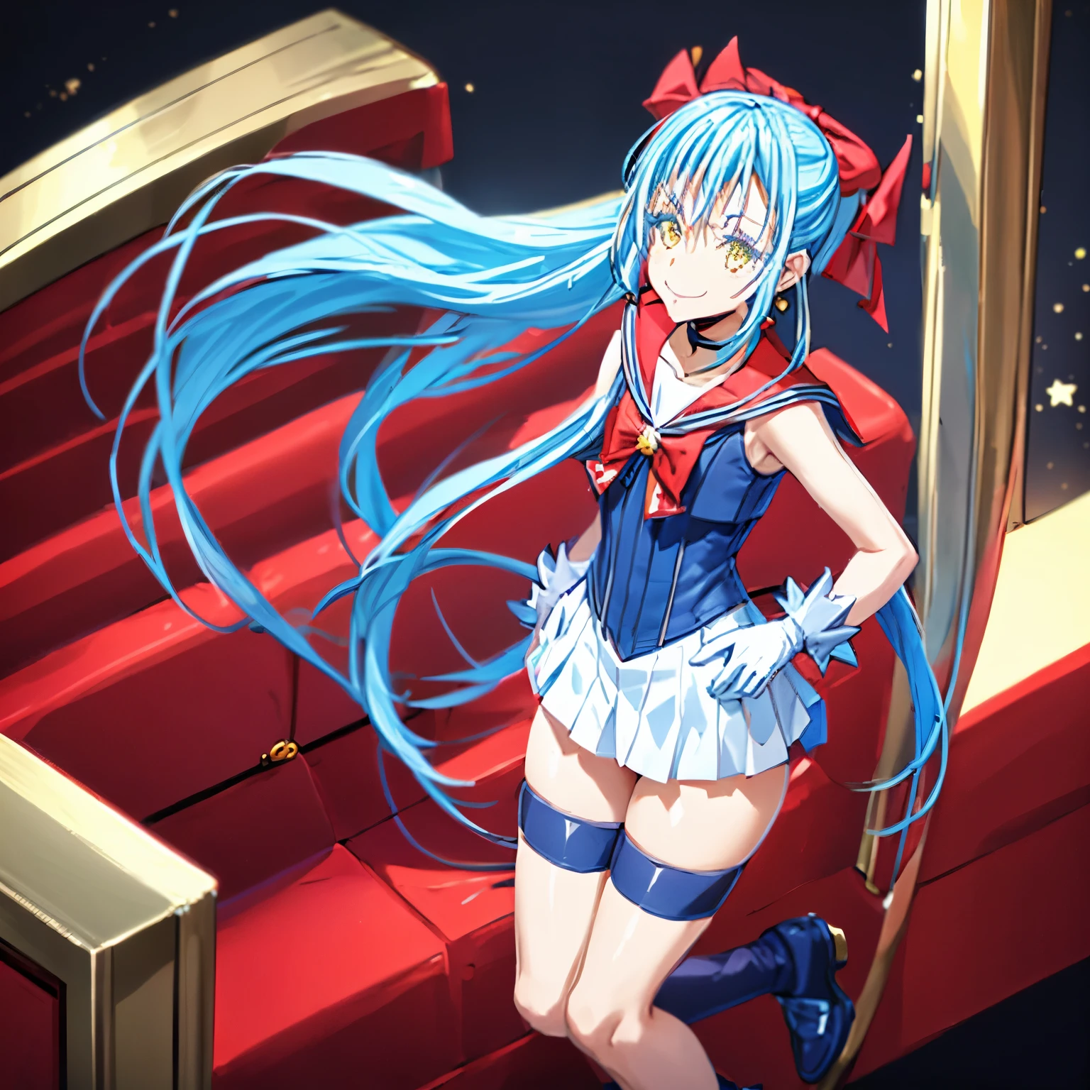 a woman in a sailor suit and shoes, long hair, smile, skirt, blue hair, gloves, bow, very long hair, closed mouth, standing, full body, pleated skirt, earrings, choker, elbow gloves, white gloves, miniskirt, sailor collar, star (symbol), golden eyes, leotard, bare legs, red skirt, magical girl, tiara, black background, red footwear, purple bow, red choker, star earrings, sailor senshi uniform, red sailor collar, Rimuru Tempest