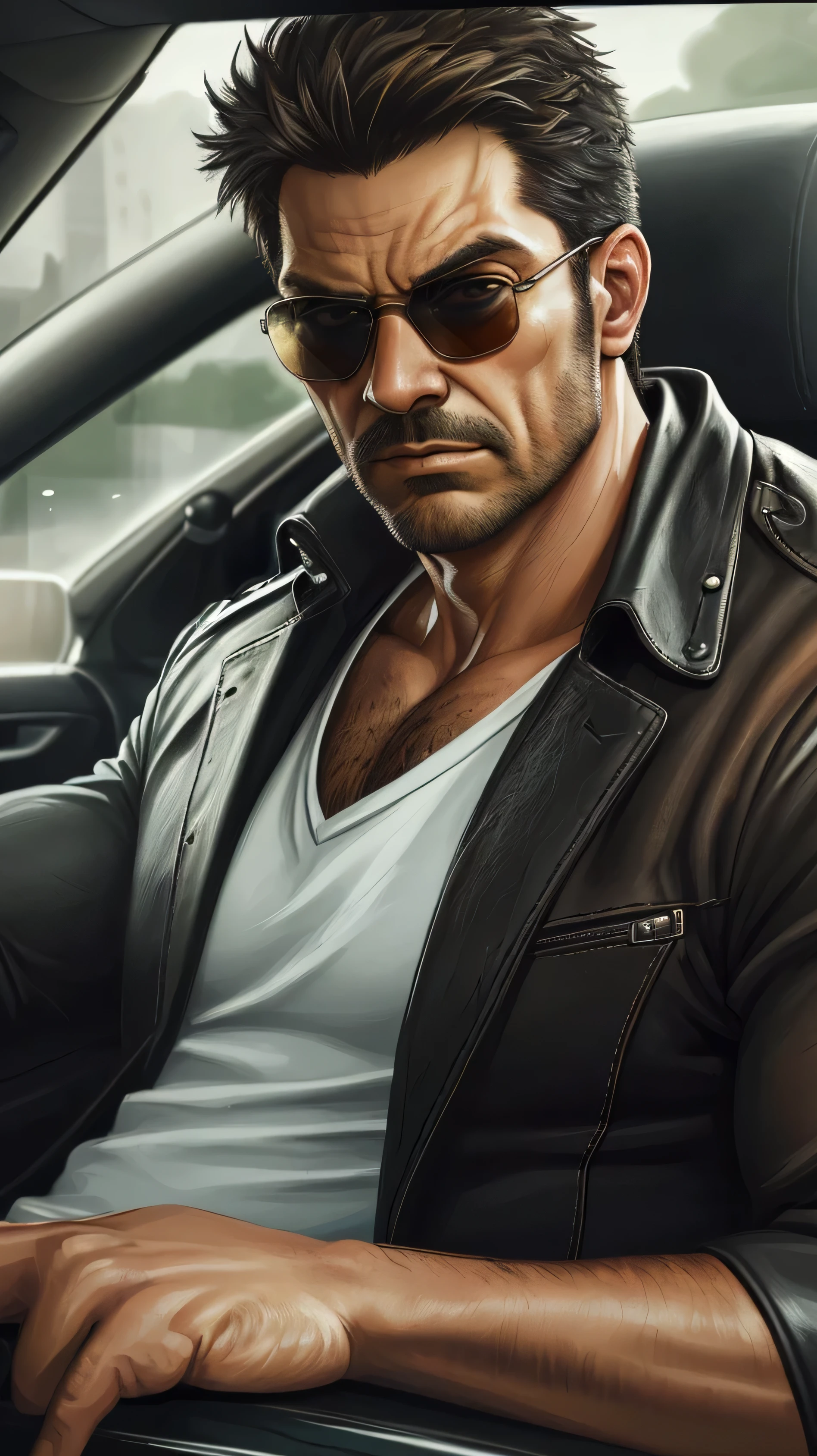 (best quality,ultra-detailed,realistic:1.37),portrait,painting,close-up,man,driving a car,masculine,focused expression,strong arms,leather steering wheel,sunglasses