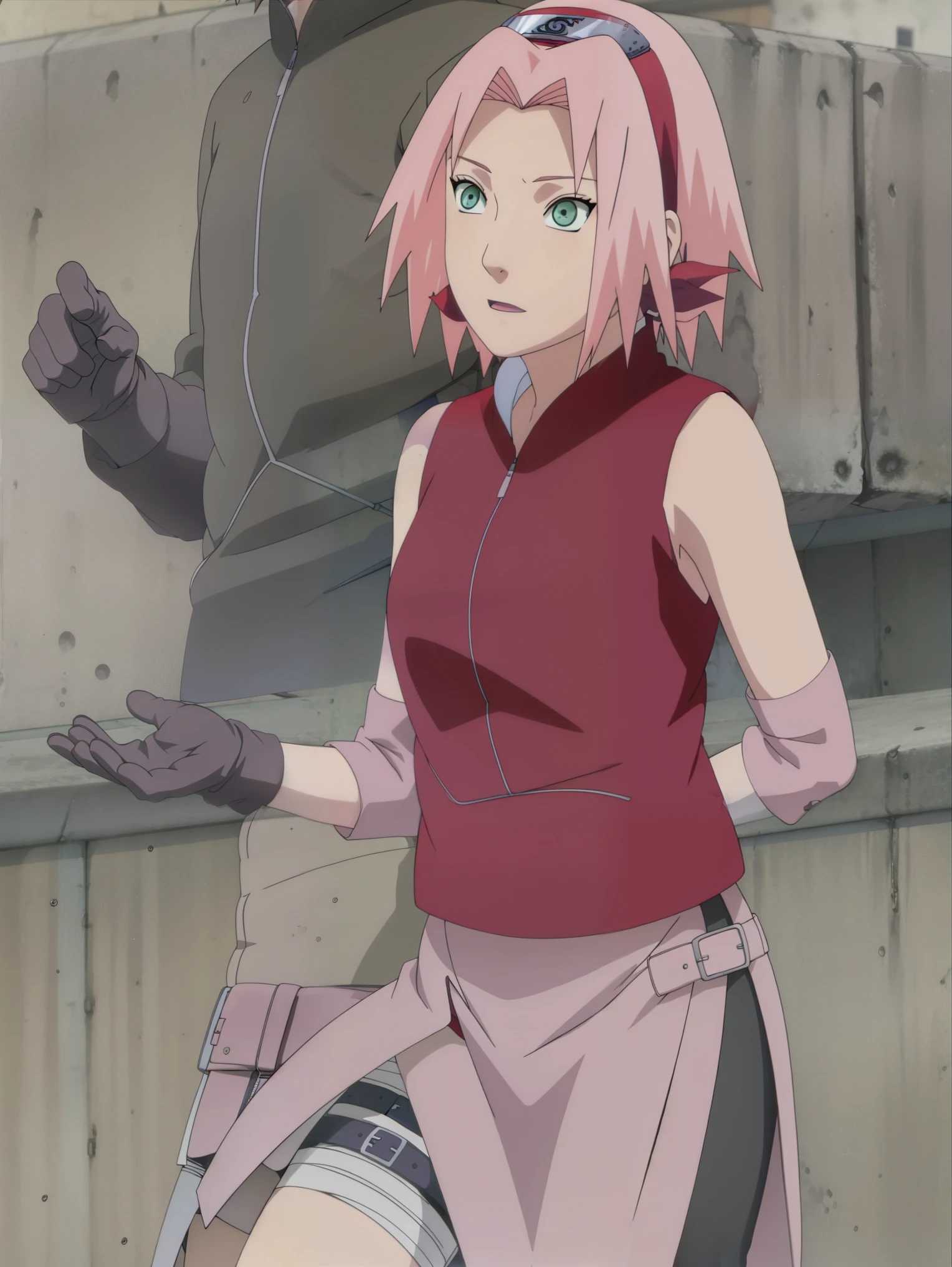 sakura shippuden, red jacket, bandaged leg, skirt, toeless footwear, black short, sleeveless, bangs, green eyes, small breasts, forehead protector, konohagakure symbol, black glove