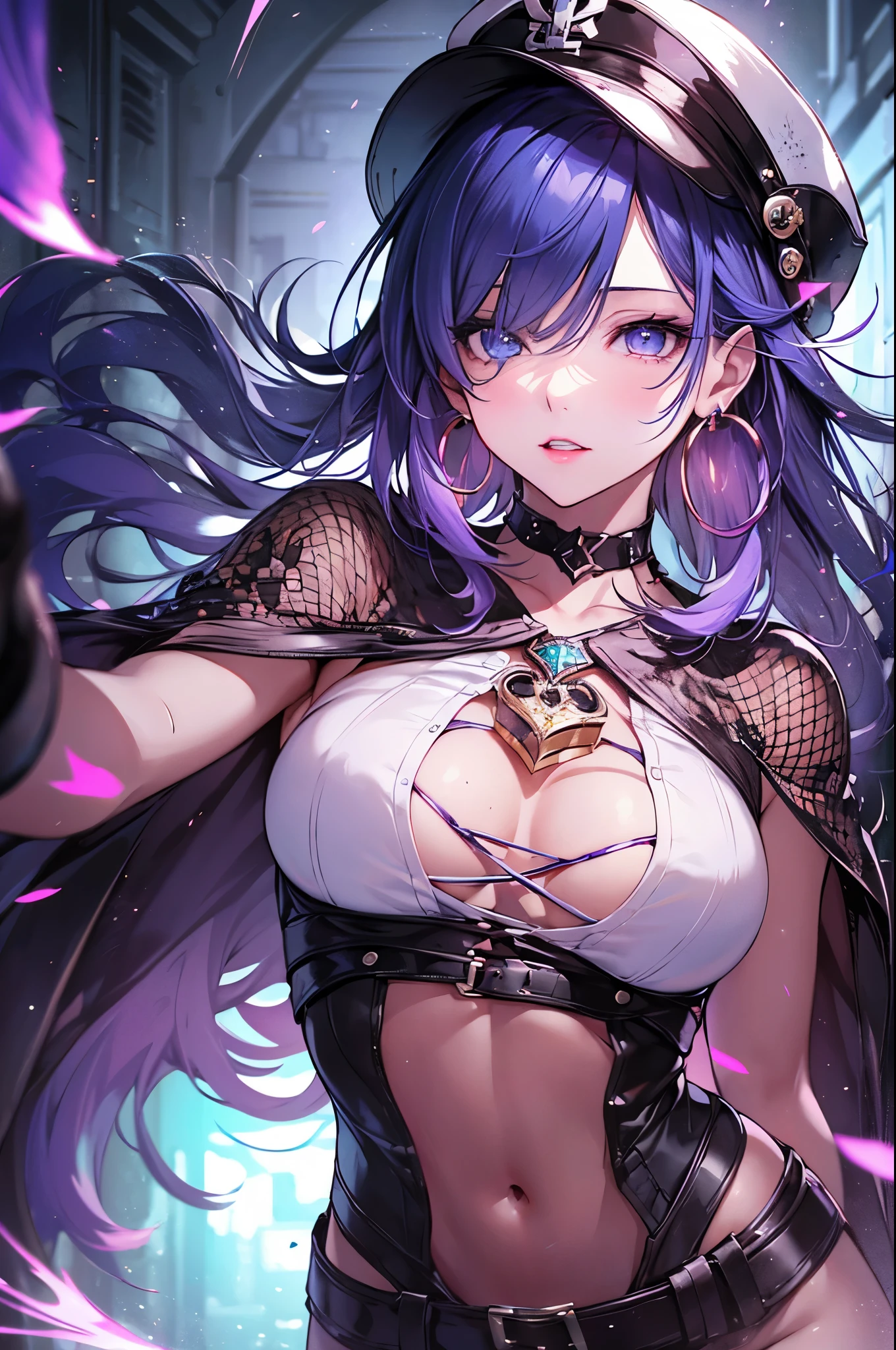hair above one eye, red eyes, clear eyes, choker, Neon Shirt, purple pirate costume,Captain Hat、military uniform cloak,sea tribe, shineing grafiti, shineing tattoos, shine, neon light, Black light,anime style, movieポートレート写真, 1 female, Full body Esbian,blue eye background, naval battle、big and full breasts, anger, (scarlet colored hair), long hair, purple eyes, wearing a short black dress, (natural skin texture vivid details, surreal, (realistic detailed eyes, natural skin texture, realistic facial details), soft and dramatic lighting, Depth of written boundary, Bokeh, vivid details, surreal, 35mm movie, hazy blur, movie,lipstick, ear piercing, eye shadow, hoop earrings, Red-pink lips, 多色のred eyes, purple theme,Wear an iridescent aura,beautiful eyes,There are many treasure chests、grab the gem,bold pose、decide on a pose,upper ponytail,Hanging bangs,have a battle knife、handgun,Run around the battlefield