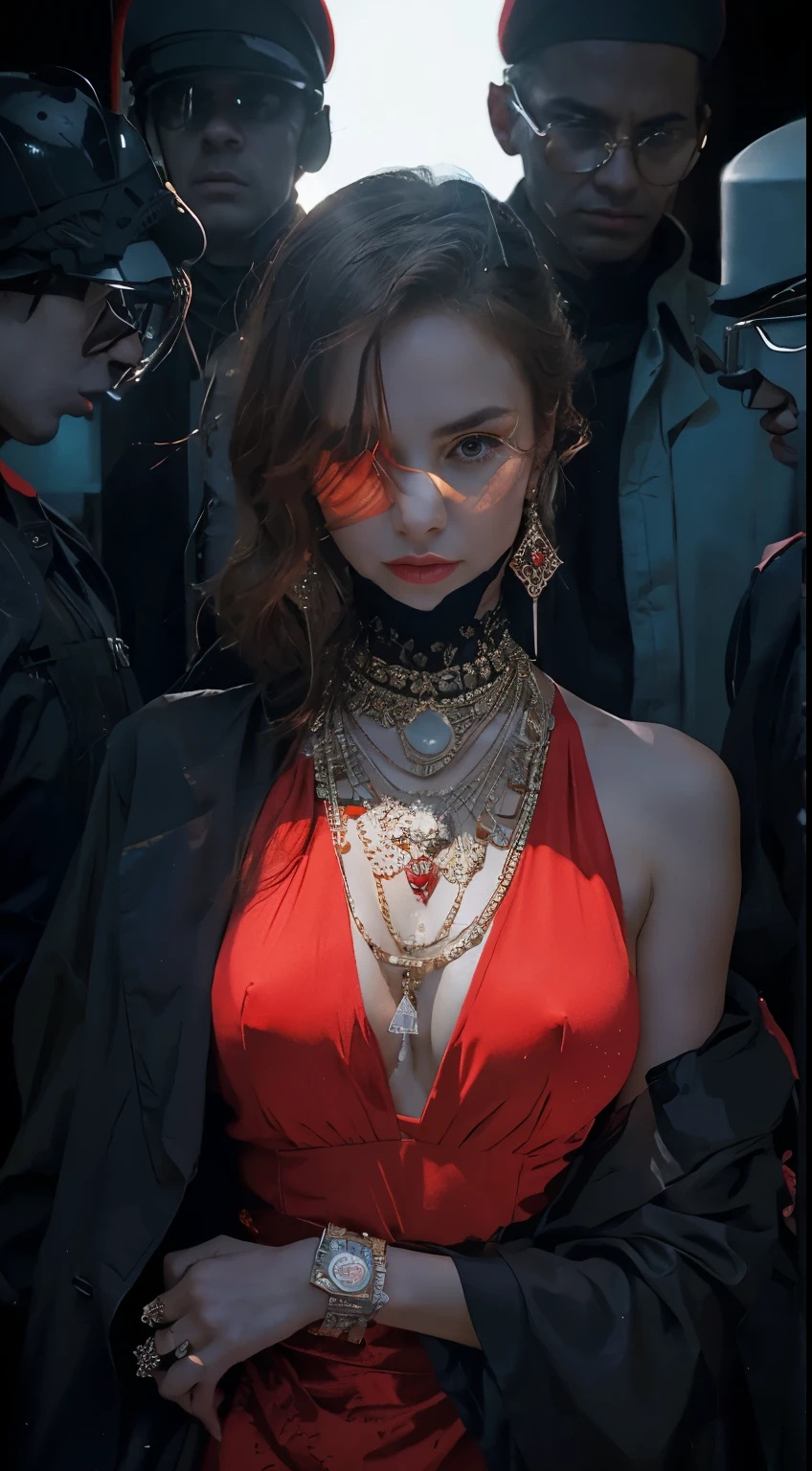 a woman in red with a glamorous style surrounded by guards