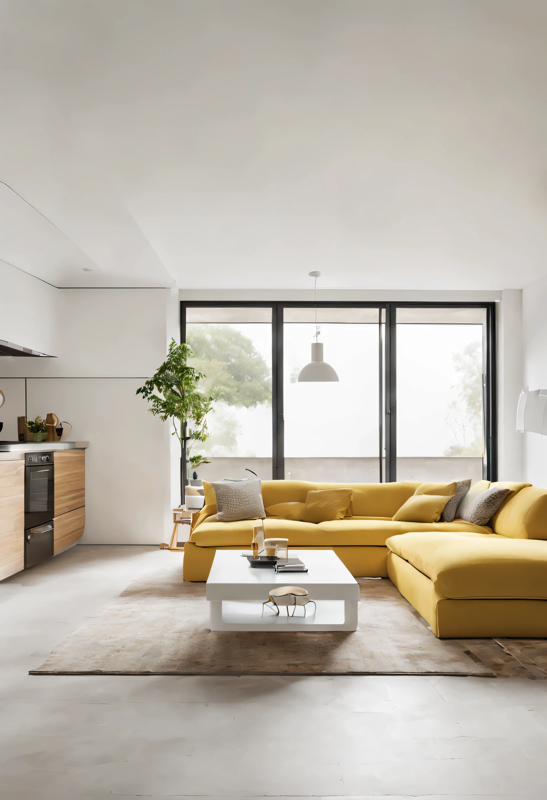 Minimal living room with kitchen, white and yellow