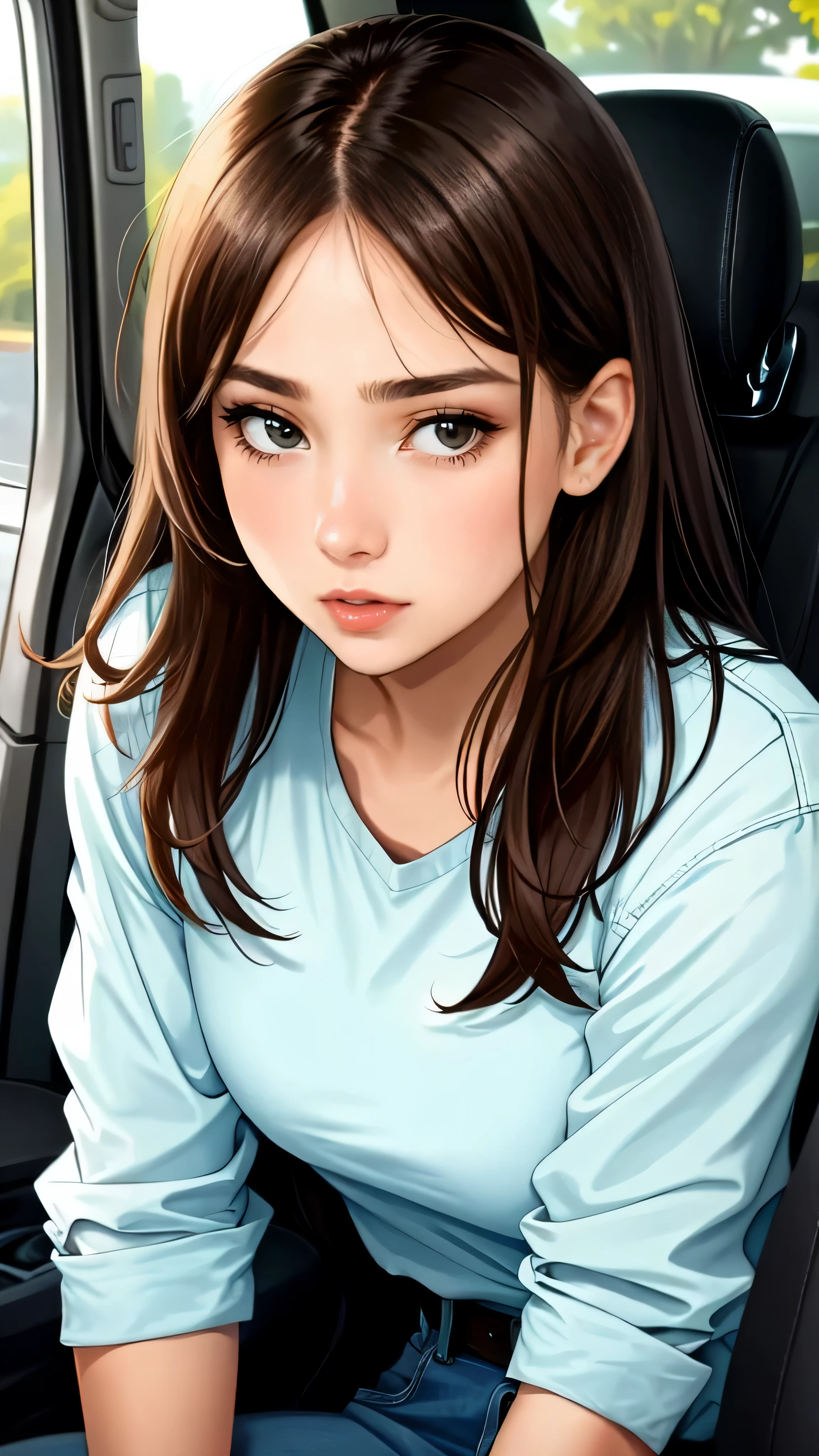 A close up of girl face saying something while sitting in the car