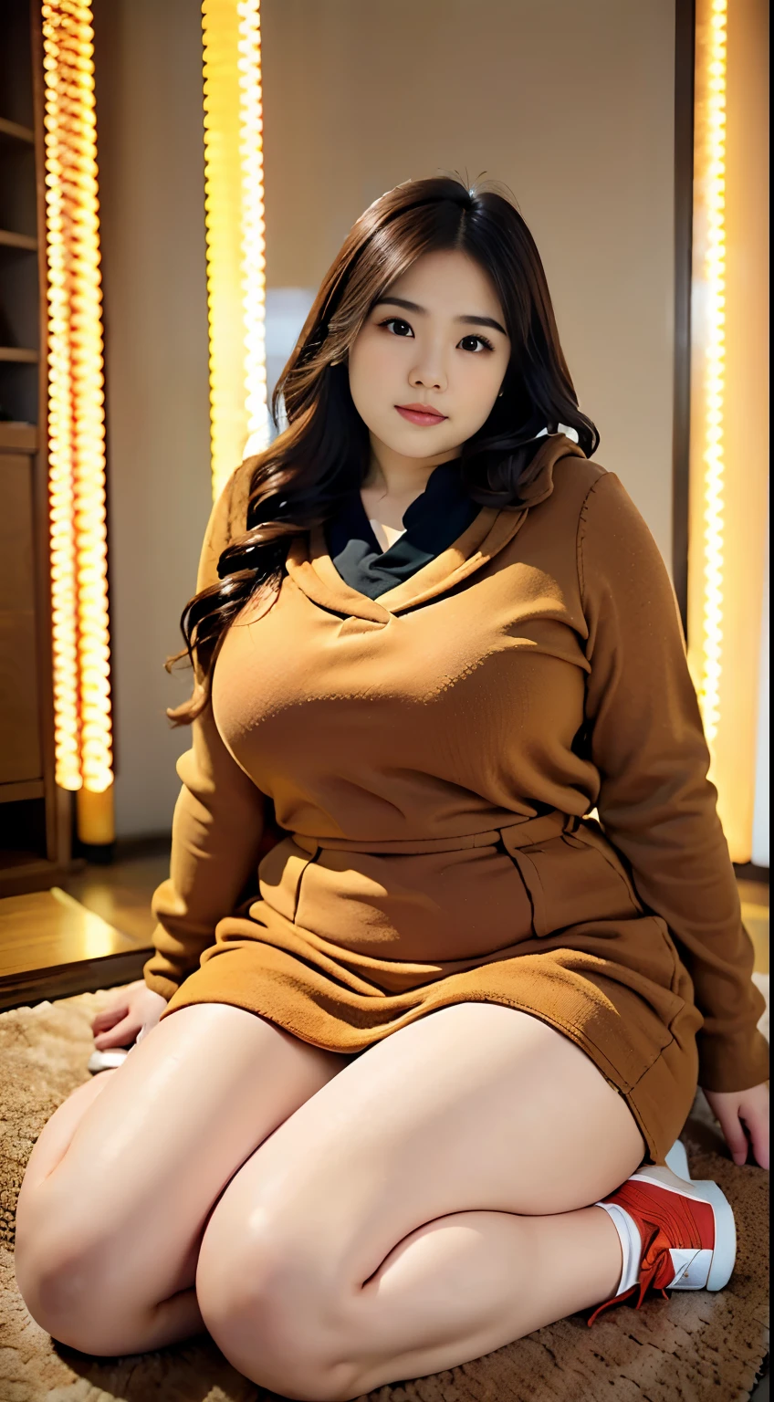 there is a woman sitting down with a longest brown hair, bbwchan, thicc, brown hijab outfit, brown hairstyle model, korean girl, korean woman, wearing brown robe, full length shot, alluring plus sized model, japanese goddess, clothed in hooded, voluptuous and arousing, portrait shot, curvy model, voluptuous body, wonderful, nene tanaka body , bbwchan, The overall atmosphere is smooth , haunting illustrations, extremely high-resolution details, photographic, realism pushed to extreme, fine texture, 4k, ultra-detailed, high quality, high contrast, red sneakers , cold atmosphere ,,