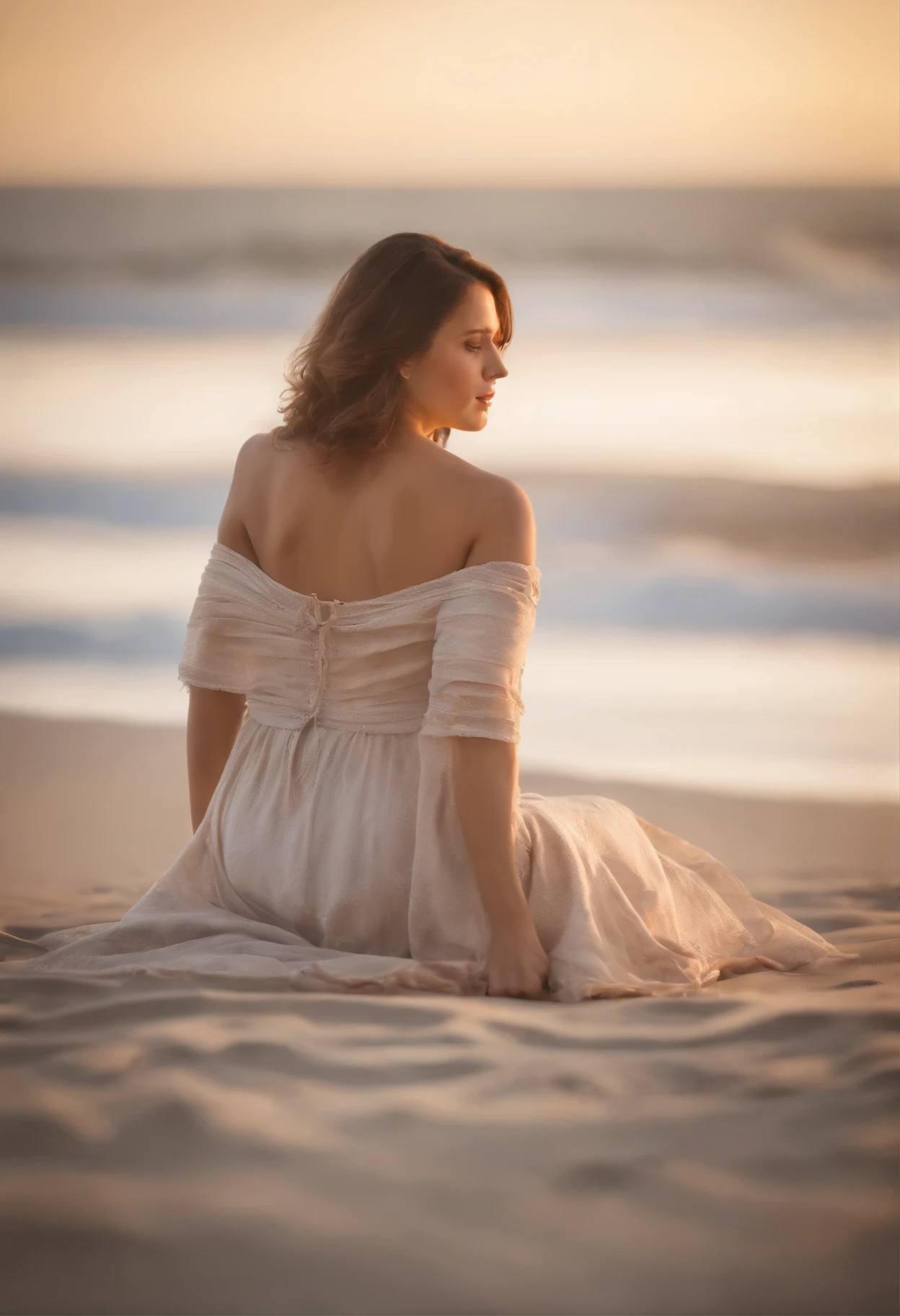 Sally-Anne, A Photograph of a serene beach at sunset, pastel hues caress a figure in a flowing beige dress, embodying tranquility and freedom., Mysterious, model body, in Santa Monica beach, California beach, beautiful brunette girl, super detailed, photorealistic, photo, sitting on a sand,