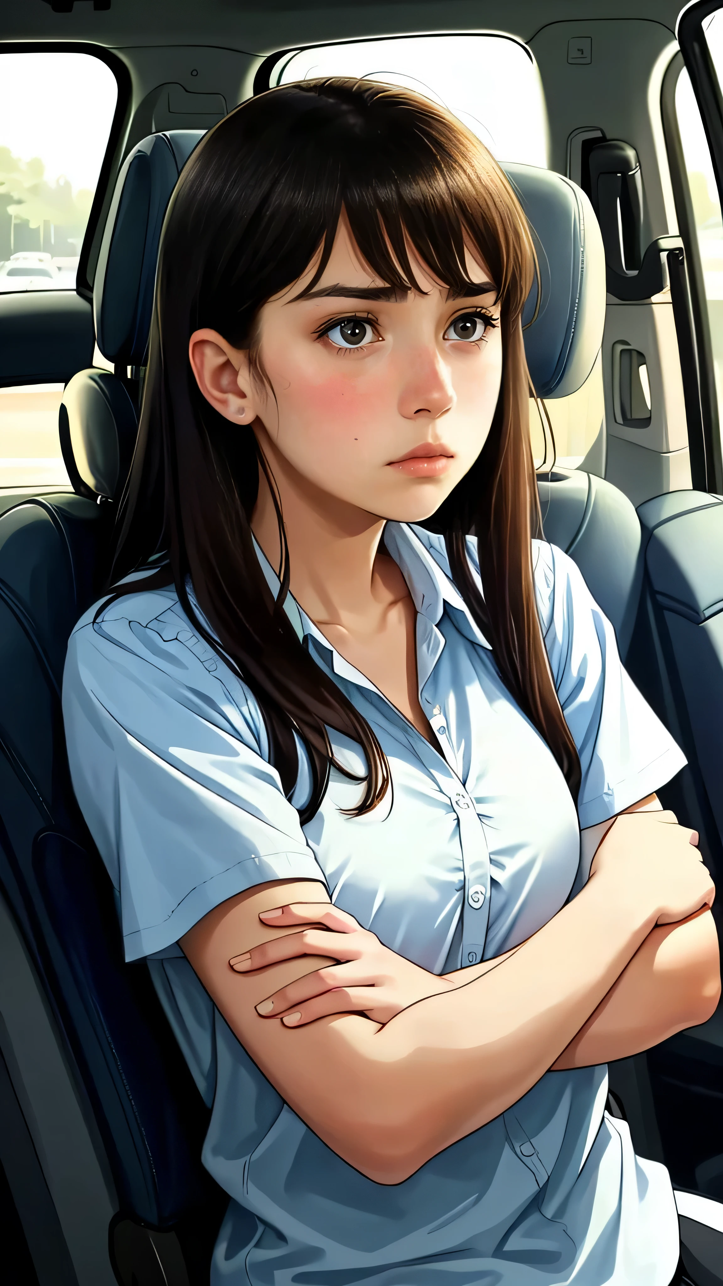 A close up of girl face saying something with a serious and Sad look while sitting in the car