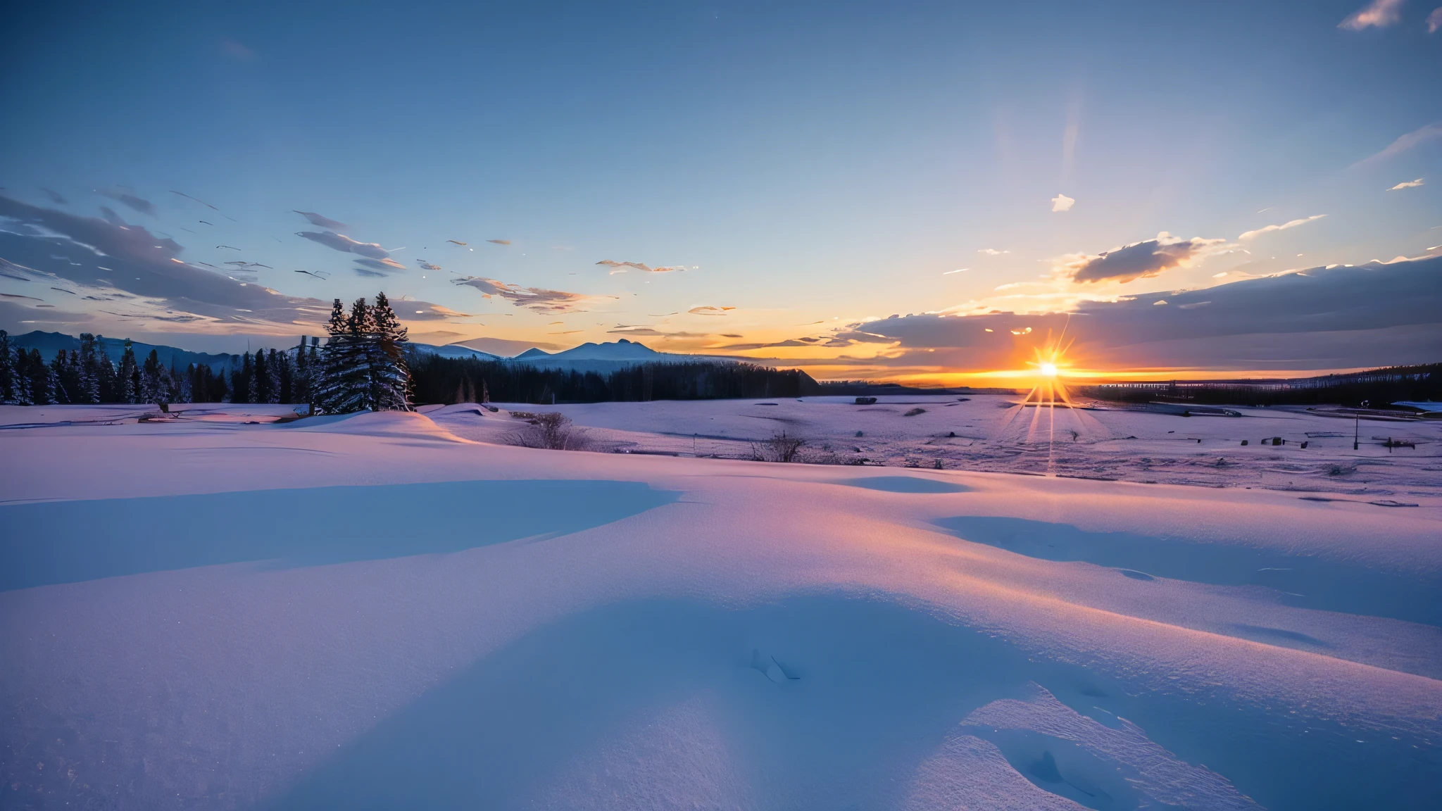 dawn in the snow field, shining orange light、winter landscape outside, Wide-angle landscape, blue sky at sunrise, epic wide sky and horzon, Photoreal、super fine
