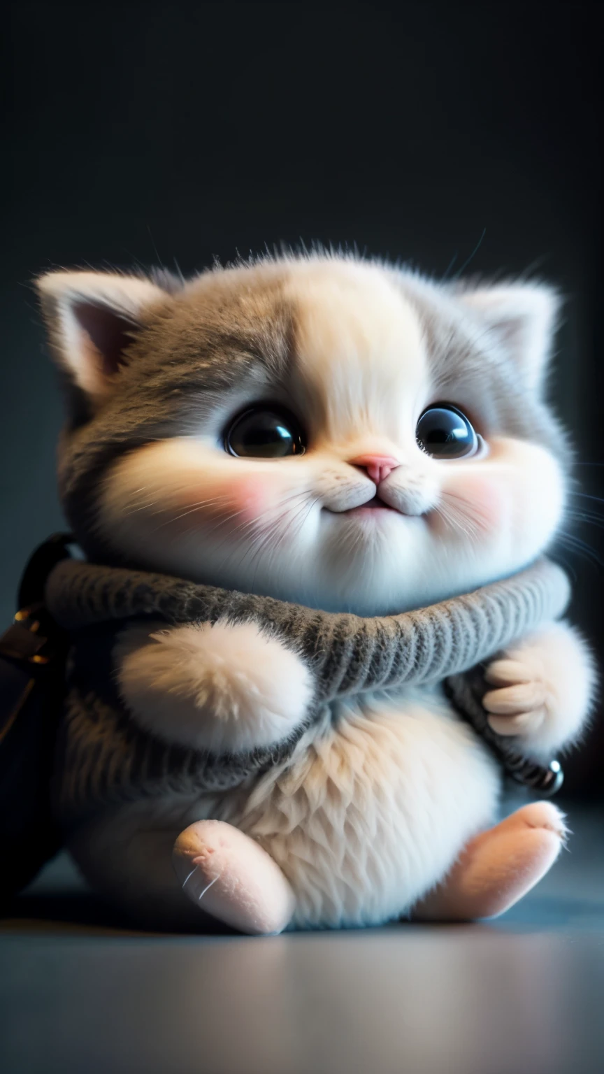 little kitten in hand, gray, Fat, whole body, garfield, no_human, Depth of bounds written, Disney style, dark_grams, Wearing DRK_grams, deep shadow, (dark: 1.4), (8K, RAW photo, highest quality, masterpiece: 1.2), big expression of satisfaction on the mouth