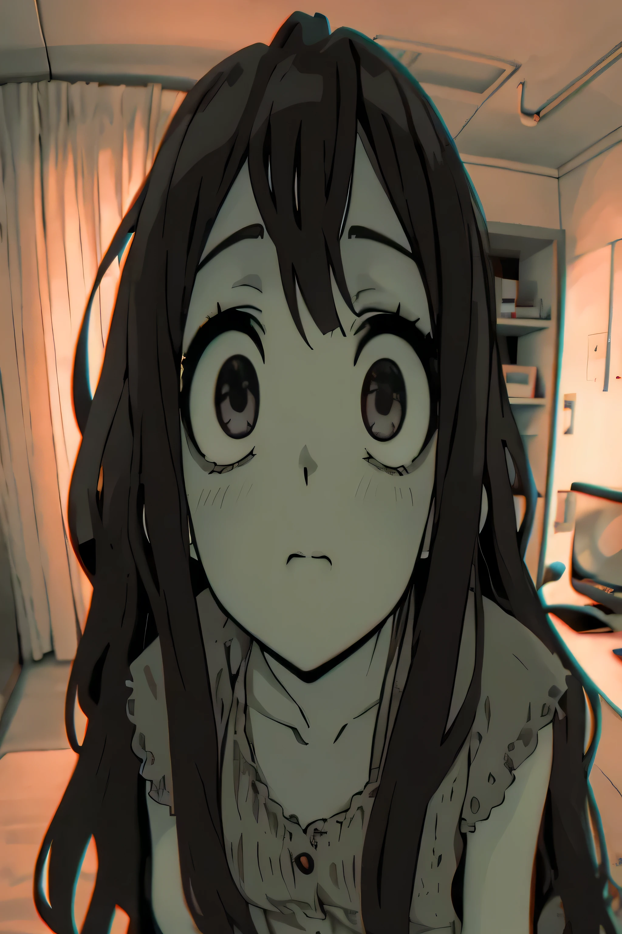 anime girl with long hair and big eyes staring at camera, with huge luminous sad eyes, anime cgi style, anime cgi, hanayamata, screenshot from guro anime, anime styled 3d, realistic anime 3 d style, digital manga art, ilya kuvshinov with long hair, perfect anime face, anaglyph effect ayami kojima