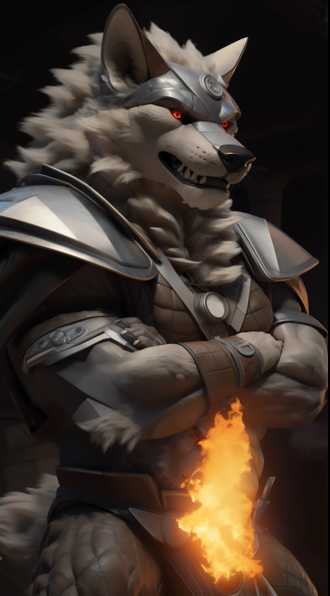 (best quality,16k,32k,highres,masterpiece:1.2),ultra-detailed,(realistic,photorealistic,photo-realistic:1.37),(the ultimate final boss Orochi ranok) looking at the viewer serious expression a realistic background of a San Diego Texas on fire bright red eyes wearing Wearing Cyborg Armor A super villain pose Black angel wings crossed arms expression of serious courageous and confident