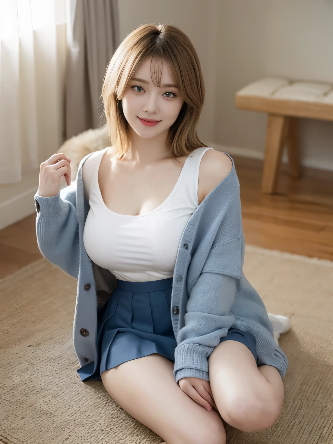 ((best image quality,high quality,8K)),Detailed facial information,Detailed description of the eyes,beautiful fingers,(long eyelashes:1.2), beautiful blue eyes,high school girl, 18-year-old,((school uniform,white shirt,Oversized Navy Blue Cardigan, check gray pleated skirt))1 girl, (Very short hair with blonde bangs), very thin legs, open chest,saggy breasts, big tits teasing, smile,From above, Nipple fine adjustment, areola,large areolae,  swollen nipples,beautiful fingers,NSFW,Sit on the floor