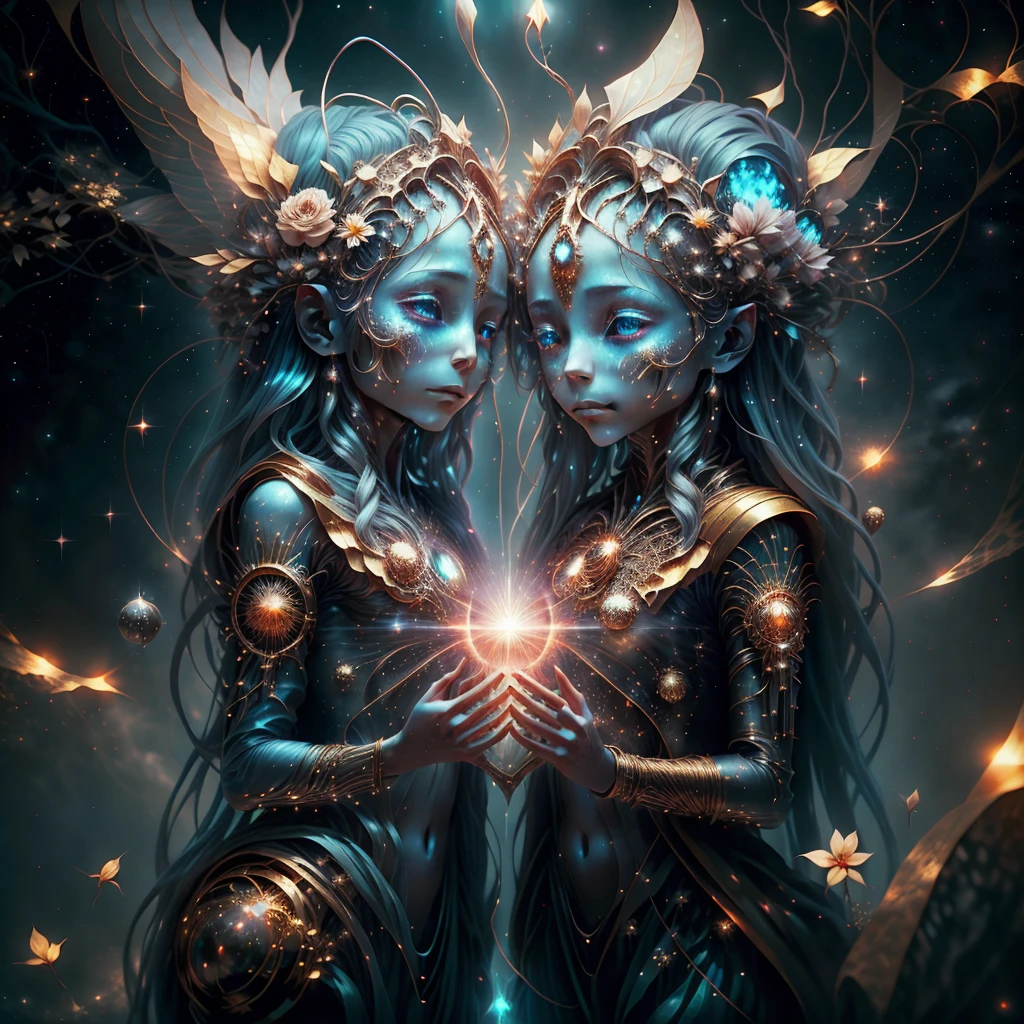 A hyper-realistic masterpiece by Esao Andrews featuring an enchanting, bioluminescent girl-morphe bird creature like no other. The birdgirl, with her slender, glowing body, is adorned with multi-colored neon dots that emit a brilliant light. Her translucent skin reveals her intricate internal structure, while her small, round appendages function as arms, tenderly embracing her otherworldly fish-like face. Esao Andrews' exceptional artistic skills transport the viewer into a world of wonder and mystique, where this captivating creature ignites the imagination.