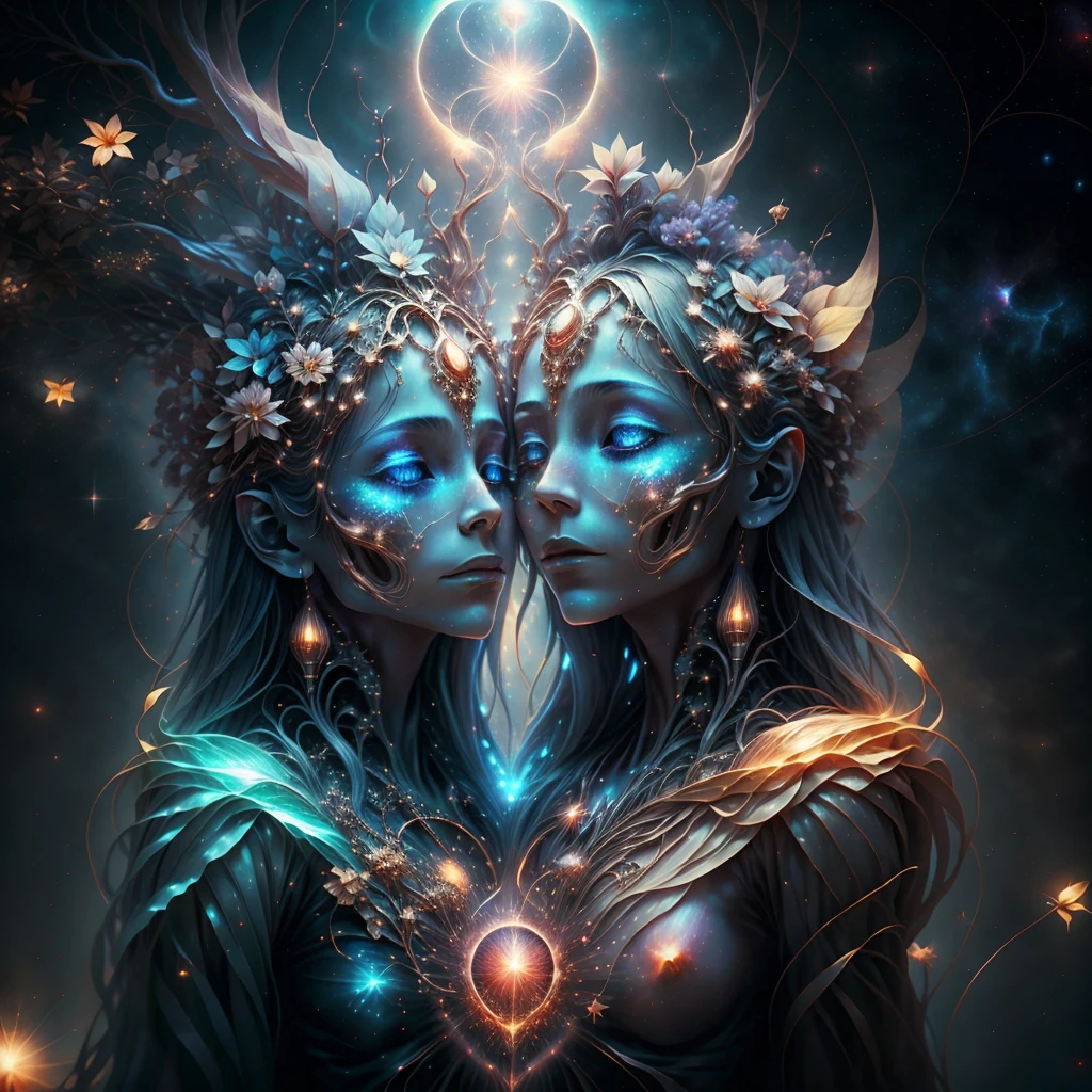 Create an image that represents the fusion of the human heart with the supernatural realm and the vast universe. Imagine an ethereal and mysterious scenario. No centro da imagem, A human heart shines with a soft, sparkling light. The heart seems to be floating in a translucent mist, evoking a sense of mystery and transcendence. From the heart, emanates a series of projections, each representing a unique aspect. Some projections take the form of elements of nature, like branches of trees, flower petals or dancing flames, evoking a deep connection to the natural realm. Other projections extend into outer space, turning into bright constellations, distant galaxies or rays of shooting stars. These cosmic projections symbolize the expansion of human emotion beyond the limits of the Earth, conectando-se ao vasto universo. A paleta de cores inclui tons de azul celeste, violeta profundo e dourado, Creating a magical and spiritual atmosphere. The soft light emanating from the heart and projections contributes to a sense of peace and awe. The resulting image captures the idea of a human heart that transcends earthly boundaries, Exploring the Supernatural and Cosmic Realms. This fusion of the human and the divine creates a visual narrative that evokes the search for the deepest emotional connection and the expansion of one's own essence into the vast universe."