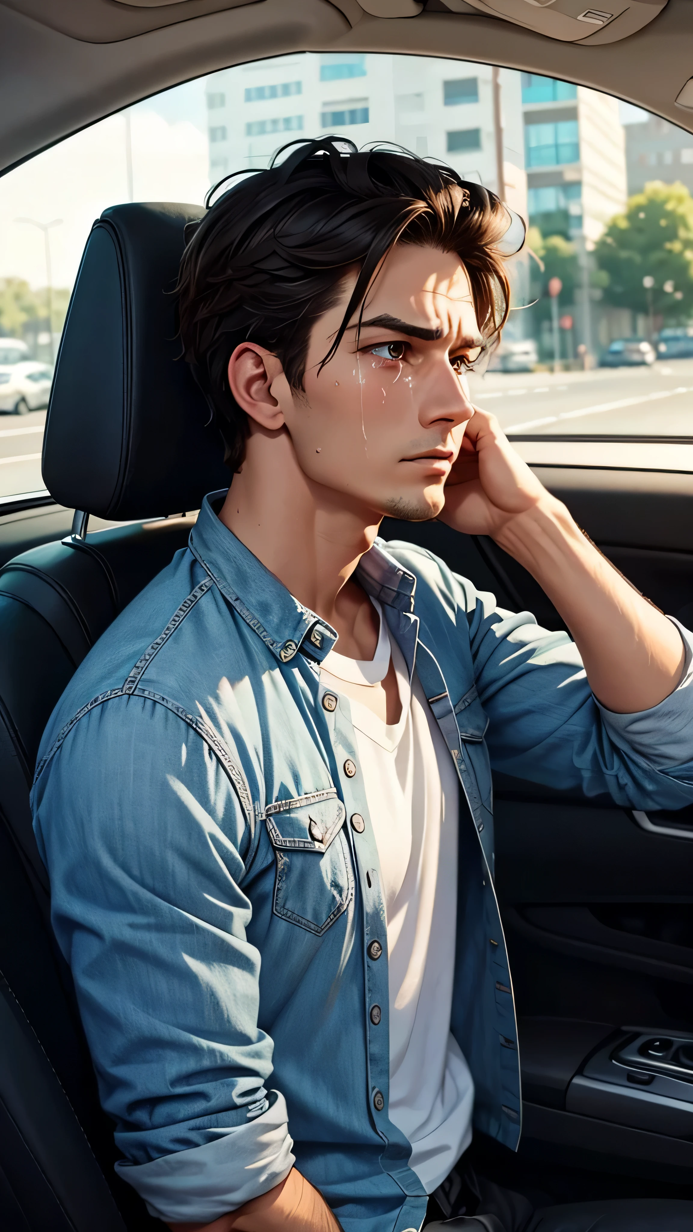 A close up of a face of a very shocked and crying masculine man sitting in the car