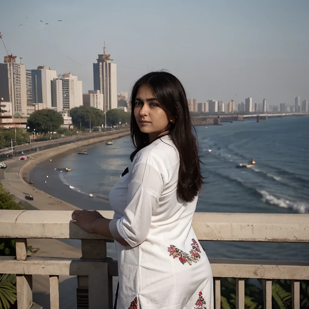 Long shot of fully body of indian sks 21 year old  woman in Mumbai, against the mumbai skyline, beautiful face, big bosom, pear shaped butt, black straight hair, overlooking marine drive, Wearing beautiful embroidery kurta and white pyjamas 