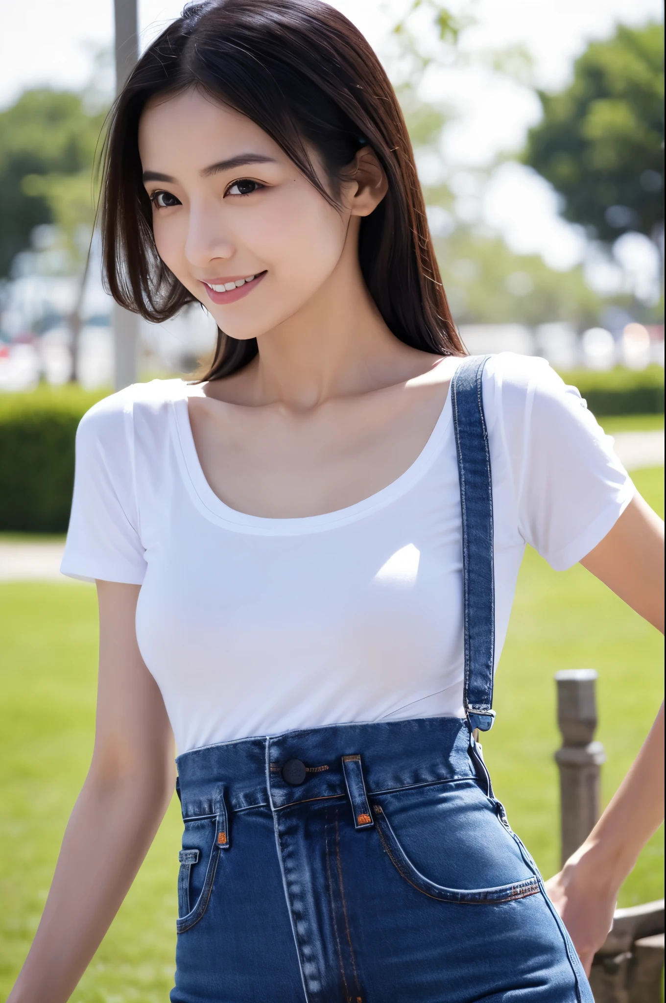 (Skinny Japanese lady),(32 years old), (Slender woman), (),Natural makeup,thin lips,Smiling,The length of hair to the shoulders,Black hair,(She is in a well-lit park),(She has small breasts), (extremely thin waist), (small head), (((She wears a big plain white t-shirt))), ((She wears dark blue denim pants)), (Photorealistic), (Ray tracing), (Sharp Focus), (Detailed face), natural and realistic skin textures, Soft face, (((Cameltoe))),((perfect anatomia:1.4))