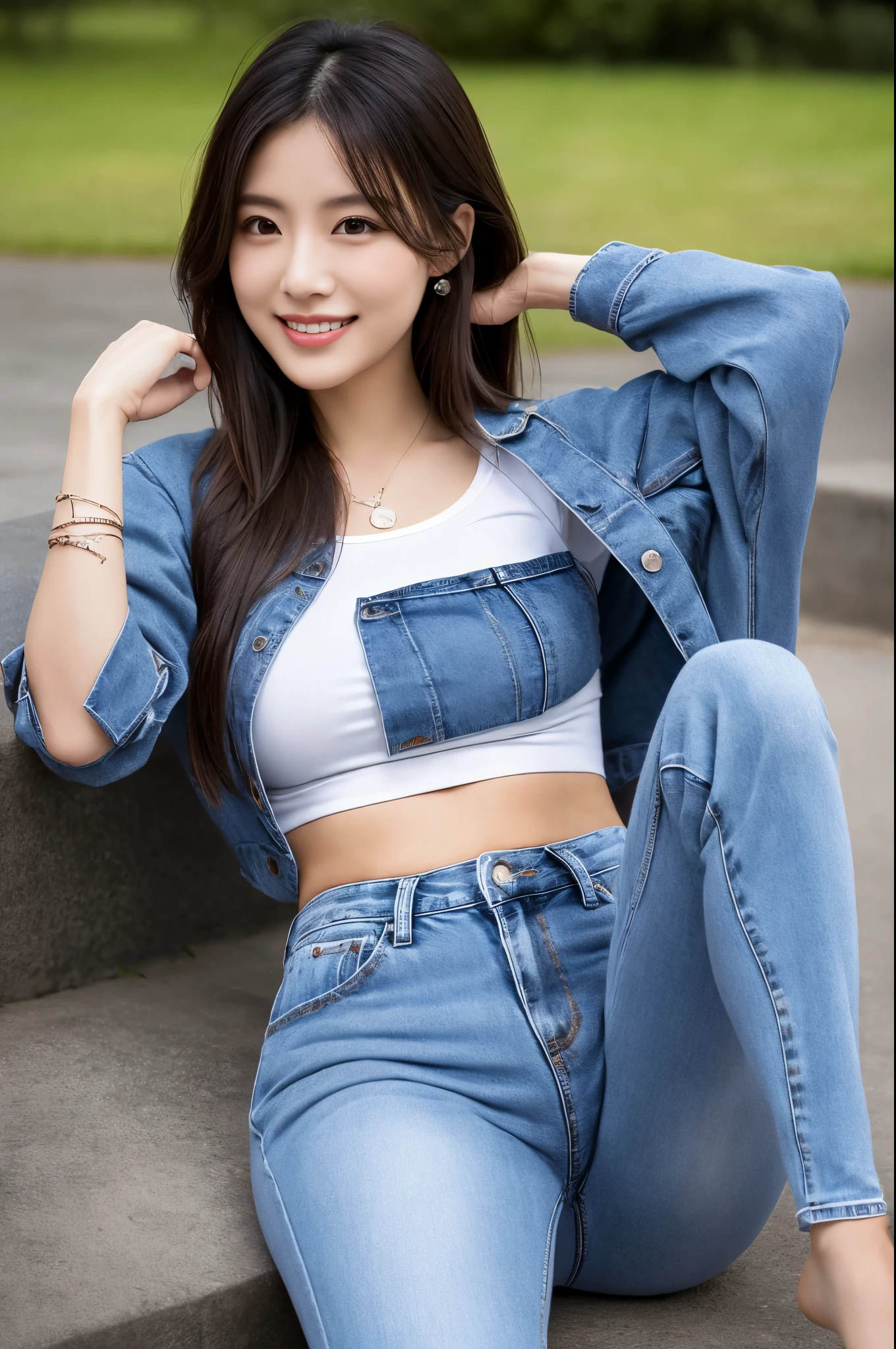 (Skinny Japanese lady),(32 years old), (Slender woman), (),Natural makeup,thin lips,Smiling,The length of hair to the shoulders,Black hair,(She is in a well-lit park),(She has small breasts), (extremely thin waist), (small head), (((She wears a big plain white t-shirt))), ((She wears dark blue denim pants)), (Photorealistic), (Ray tracing), (Sharp Focus), (Detailed face), natural and realistic skin textures, Soft face, (((Cameltoe))),((perfect anatomia:1.4))