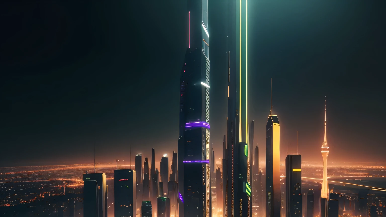A futuristic gold, with towering skyscrapers and green neon, dark streets, black, cybernetic, hyper realistic, best quality, 8k, Masterpiece, high resolution