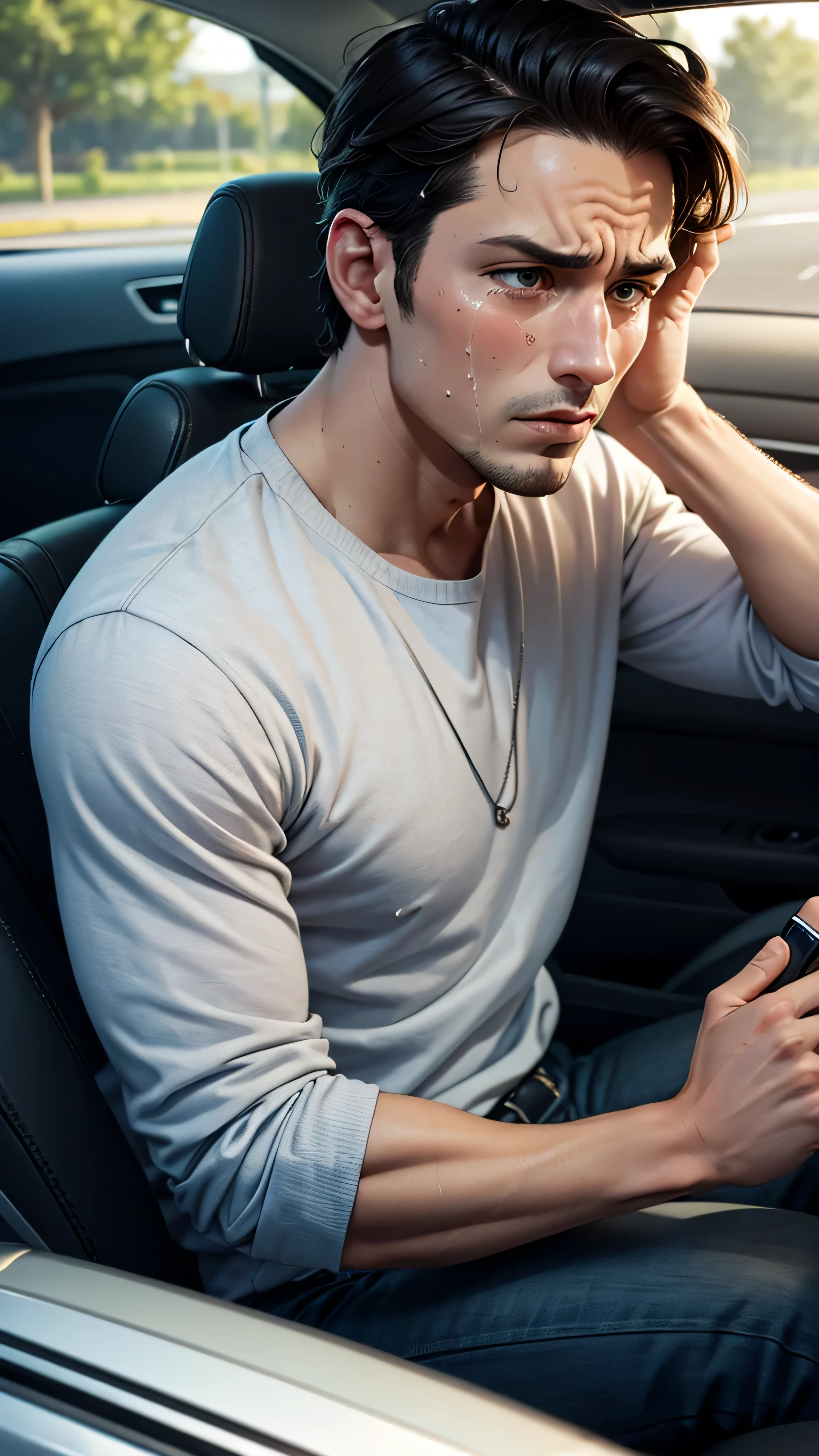 A close up of a face of a very shocked and crying masculine man sitting in the car