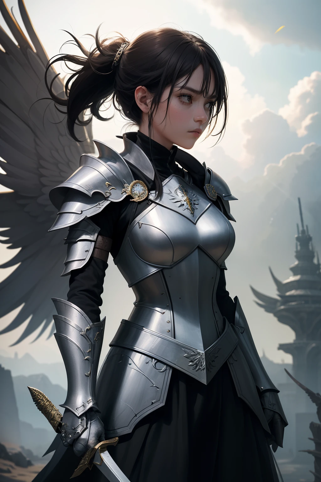 The girl, with a determined expression, stands steadfast next to an intricately designed piece of armor. She grips a giant sword in both hands, its sharp edge gleaming under the sunlight. This is a scene of unyielding strength and resilience, as the girl readies herself for battle. The armor, adorned with intricate patterns and embellishments, complements the girl's fierce demeanor. This is not just a piece of armor, but a symbol of protection and courage that the girl carrys with her. The shield, crafted with the highest level of detail and care, sits by her side, waiting to be used to safeguard her from any harm that may come