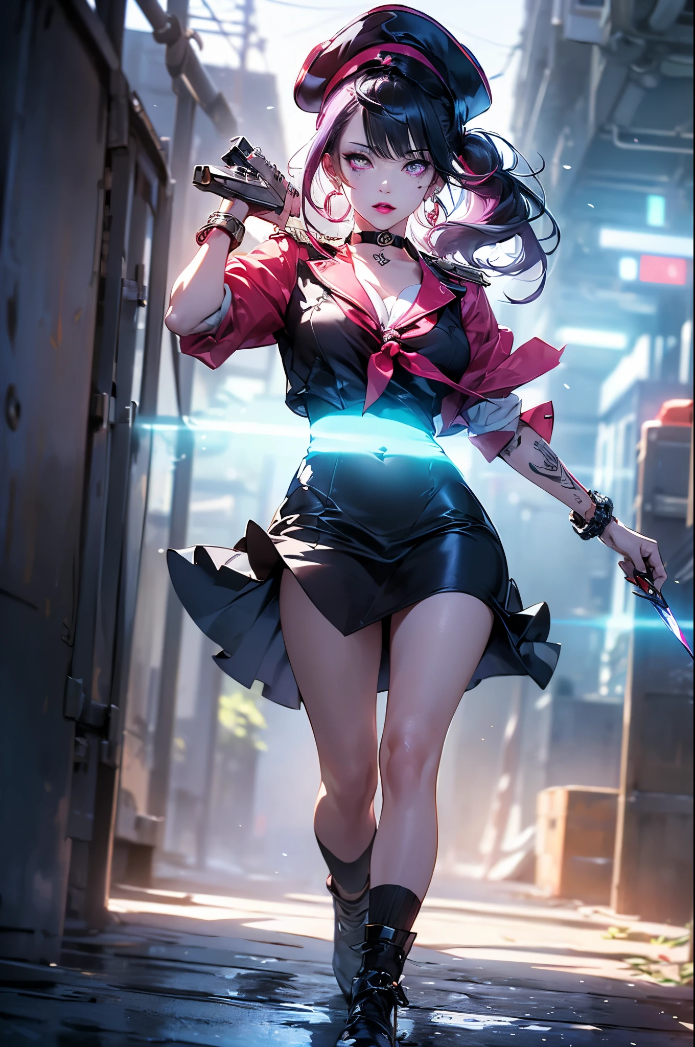 hair above one eye, red eyes, clear eyes, choker, Neon Shirt, purple pirate costume,Captain Hat、military uniform cloak,Ocean族, shineing grafiti, shineing tattoos, shine, neon light, Black light,anime style, movieポートレート写真, 1 female, Full body Esbian,blue eye background, Ocean上戦、big and full breasts, anger, (scarlet colored hair), long hair, purple eyes, wearing a short black dress, (natural skin texture vivid details, surreal, (realistic detailed eyes, natural skin texture, realistic facial details), soft and dramatic lighting, Depth of written boundary, Bokeh, vivid details, surreal, 35mm movie, hazy blur, movie,lipstick, ear piercing, eye shadow, hoop earrings, Red-pink lips, 多色のred eyes, purple theme,Wear an iridescent aura,beautiful eyes,There are many treasure chests、grab the gem,bold pose、decide on a pose,upper ponytail,Hanging bangs,holding a katana、handgun,Run around the battlefieldhair above one eye, red eyes, clear eyes, choker, Neon Shirt, purple pirate costume,Captain Hat、military uniform cloak,Ocean族, shineing grafiti, shineing tattoos, shine, neon light, Black light,anime style, movieポートレート写真, 1 female, Full body Esbian,blue eye background,、big and full breasts, anger, (scarlet colored hair), long hair, purple eyes, wearing a short black dress, (natural skin texture vivid details, surreal, (realistic detailed eyes, natural skin texture, realistic facial details), soft and dramatic lighting, Depth of written boundary, Bokeh, vivid details, surreal, 35mm movie, hazy blur, movie,lipstick, ear piercing, eye shadow, hoop earrings, Red-pink lips, 多色のred eyes, purple theme,Wear an iridescent aura,beautiful eyes,There are many treasure chests、grab the gem,bold pose、decide on a pose,upper ponytail,Hanging bangs,have a battle knife、handgun,Run around the battlefield,Ocean、I can see the ship、big ship