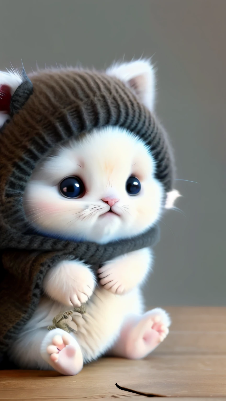 small kitten sitting on a person's hand, miniature kitten, animal focus, Beard, looking at the viewer, realistic, Gonzo hand, blurred background