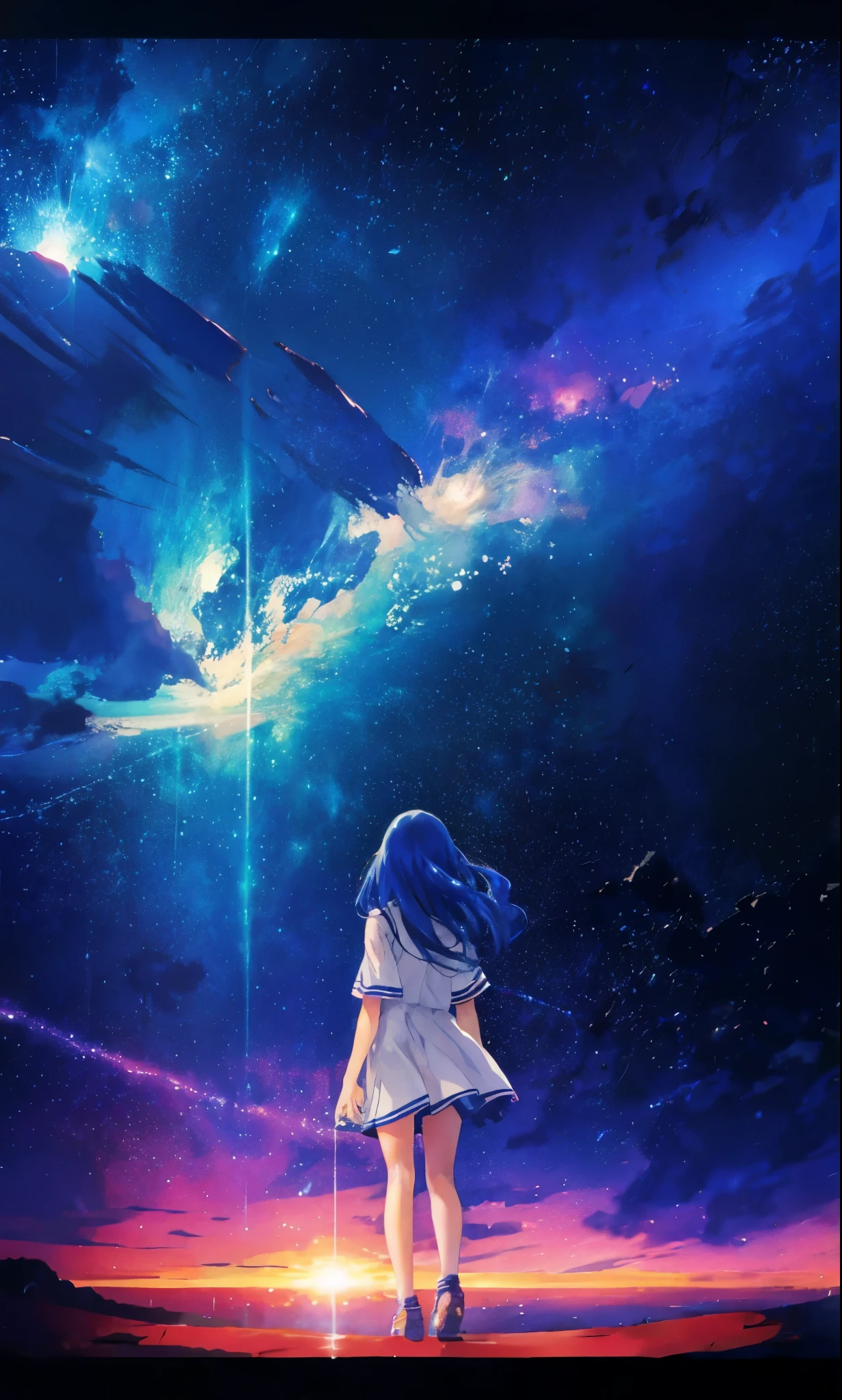 Anime girl looking at the big fishe in the sky, girl looks at the space, anime girl with cosmic hair, girl in space, Star(skyporn) starrysky_skyporn, on a galaxy looking background, in a space starry, near a galaxy, Anime art wallpaper 8k, shooting star in background, stars on sky, Anime Girl with Long Hair, ocean