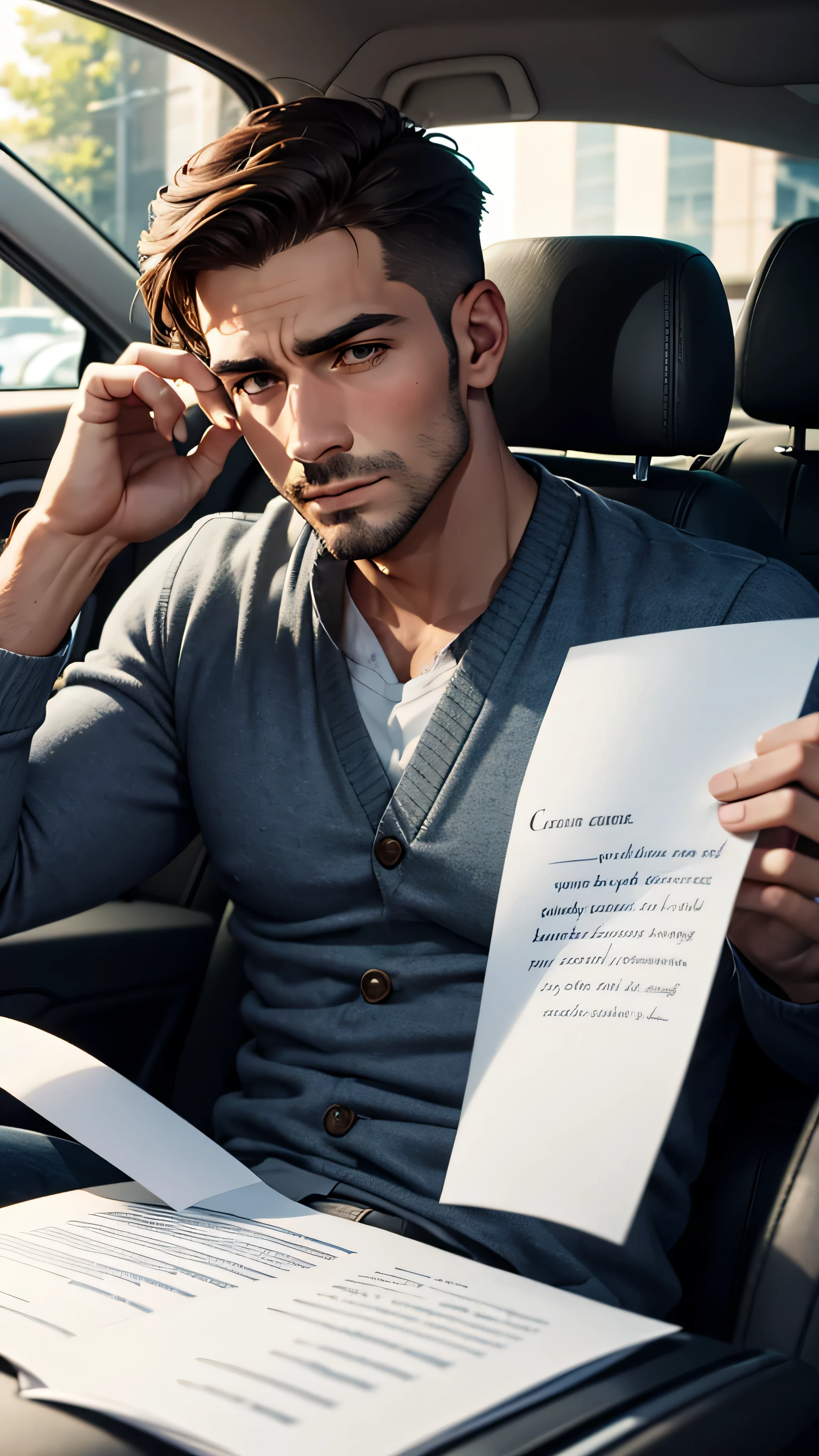 A close up of a Masculine man holding a letter sitting inside the car