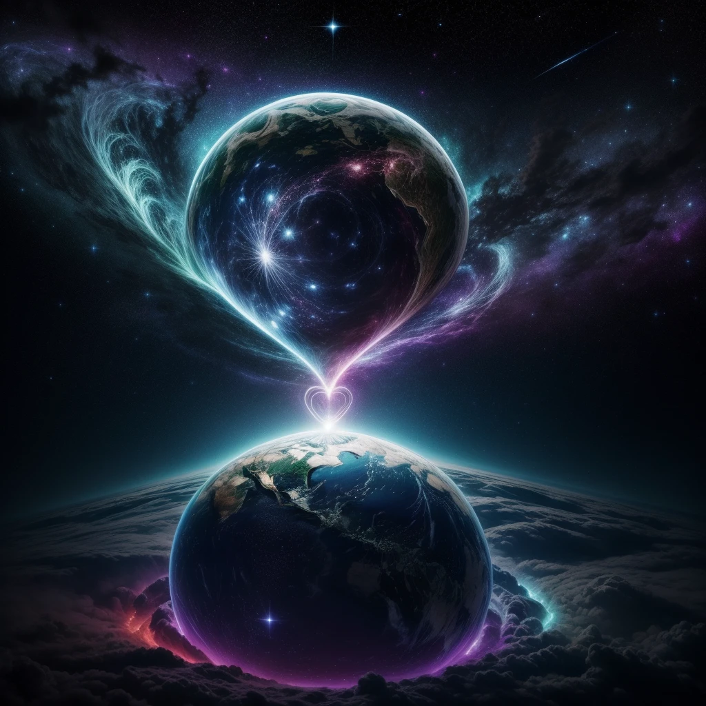 Create an image that represents the fusion of the human heart with the supernatural realm and the vast universe. Imagine an ethereal and mysterious scenario. No centro da imagem, A human heart shines with a soft, sparkling light. The heart seems to be floating in a translucent mist, evoking a sense of mystery and transcendence. From the heart, emanates a series of projections, each representing a unique aspect. Some projections take the form of elements of nature, like branches of trees, flower petals or dancing flames, evoking a deep connection to the natural realm. Other projections extend into outer space, turning into bright constellations, distant galaxies or rays of shooting stars. These cosmic projections symbolize the expansion of human emotion beyond the limits of the Earth, conectando-se ao vasto universo. A paleta de cores inclui tons de azul celeste, violeta profundo e dourado, Creating a magical and spiritual atmosphere. The soft light emanating from the heart and projections contributes to a sense of peace and awe. The resulting image captures the idea of a human heart that transcends earthly boundaries, Exploring the Supernatural and Cosmic Realms. This fusion of the human and the divine creates a visual narrative that evokes the search for the deepest emotional connection and the expansion of one's own essence into the vast universe."
