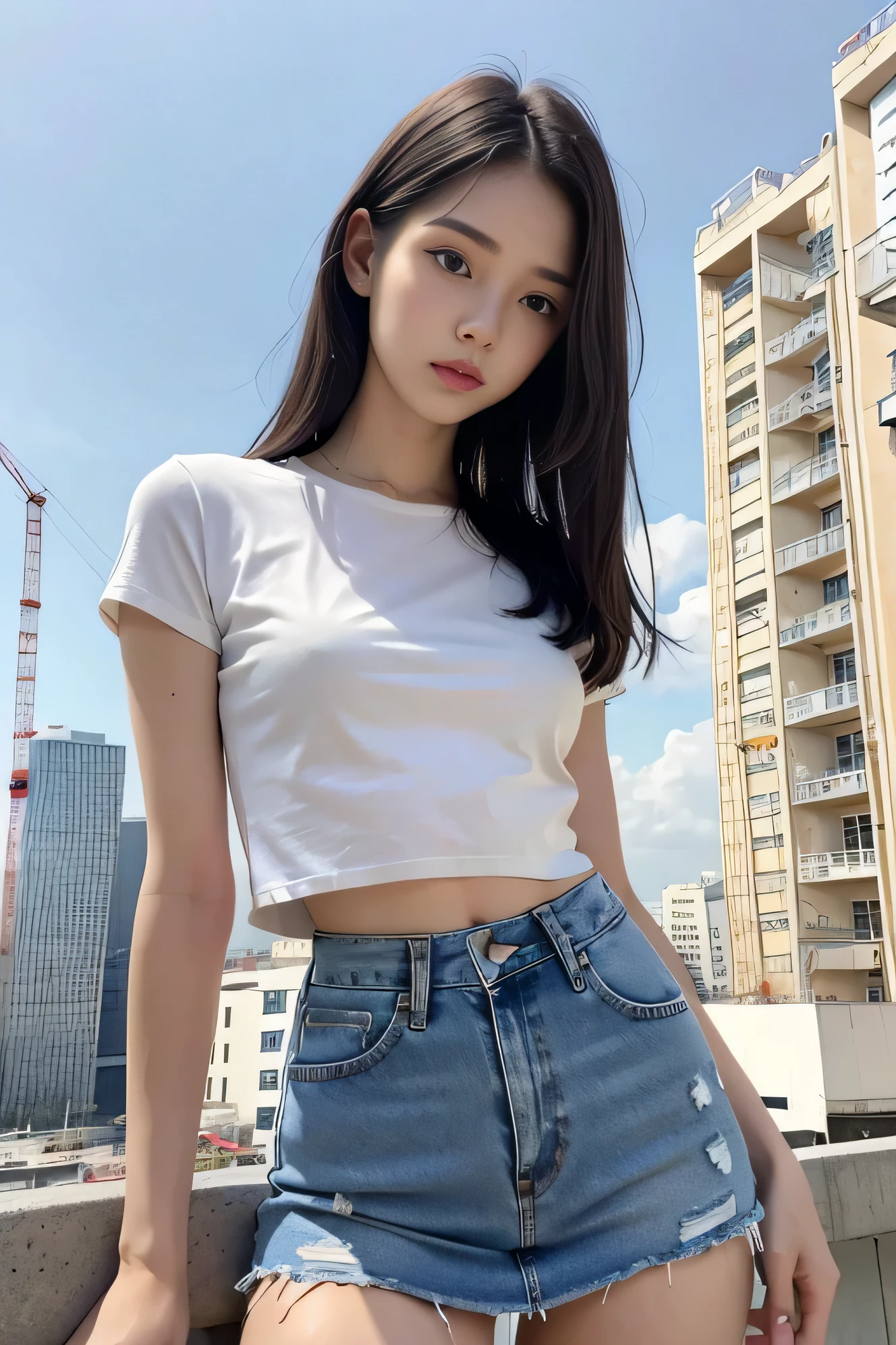 Girl in white good and tight denim skirt posing for photo, whole body, cropped t-shirt and, good, because I&#39;thin, small bust, slim girl model, 24 year old female model, lying on a construction site、facing forward