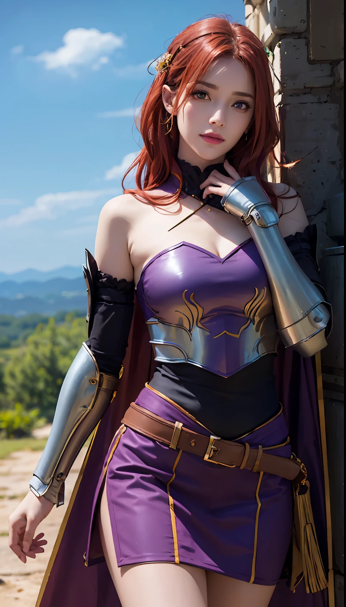 photorealistic, (4k), depth of field, (Masterpiece), (realistic skin texture), extremely detailed, intricate, hyper detailed, professional photography, bokeh, high resolution, sharp detail, best quality, girl, red hair, green eyes, armor, breastplate, detached sleeves, white cape, long skirt, (purple skirt:1.3), black leather belt, arm guards, hair ornament,  dynamic pose, chin in hand, evil smirk,  forest, blue sky, clouds,