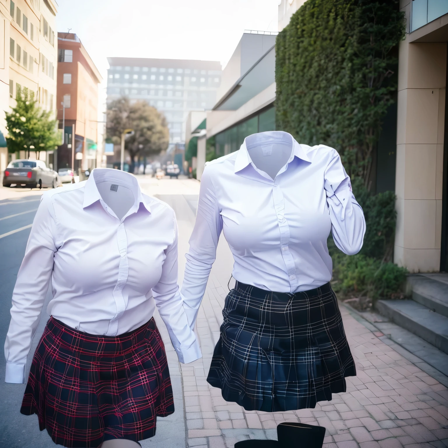 (insanely detailed), (16k), (no humans), (invisible), (faceless), (headless), ((empty clothes)), (huge breasts), girls' school uniforms swells as if possessed by busty invisible girls, girls' school uniforms raise their sleeve as if worn by invisible girls, huge breasts | lewd | prominent pierced nipples | holding an erect penis