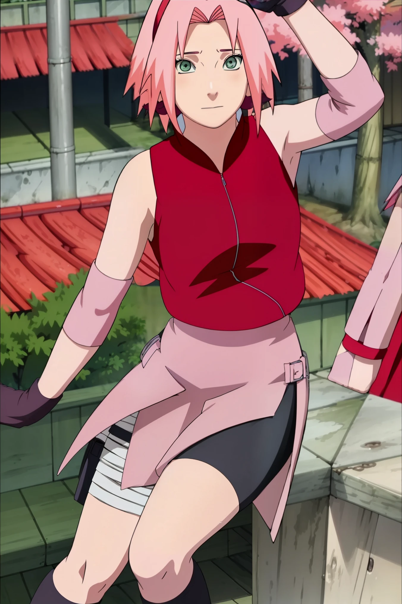 High-quality, ultra-detailed, realistic artwork of a scene from "Sakura Shippuden" with vivid colors, perfect for 4K or 8K resolutions. The scene depicts Sakura Haruno, a young woman, standing gracefully in a garden surrounded by blooming sakura (cherry blossom) trees. She is wearing a red jacket embroidered with the symbol of Konohagakure, the Hidden Leaf Village. Her leg is bandaged, indicating a recent injury. Sakura is wearing a short skirt and toeless footwear, emphasizing her femininity and agility.

Sakura has shoulder-length bangs that softly frame her face, revealing her beautiful, green eyes. Her face is adorned with a forehead protector, which bears the Konohagakure symbol, signifying her allegiance to her village. The artwork showcases Sakura's attention to detail, including her long eyelashes, detailed lips, and delicate features, capturing her determination and inner strength.

The lighting in the scene is soft and warm, casting a gentle glow on the petals of the sakura blossoms. The vibrant colors of the cherry blossoms contrast against Sakura's black short sleeves and gloves, adding depth to the composition. The overall color scheme leans towards pastel tones, enhancing the serene and tranquil atmosphere of the garden.

This masterpiece artwork aims to capture the essence of Sakura Haruno's character, portraying her as a confident, skilled kunoichi amidst the delicate beauty of the sakura garden. The attention to detail, vibrant colors, and realistic rendering will bring this scene to life, evoking the spirit of "Sakura Shippuden" in a visually stunning manner.