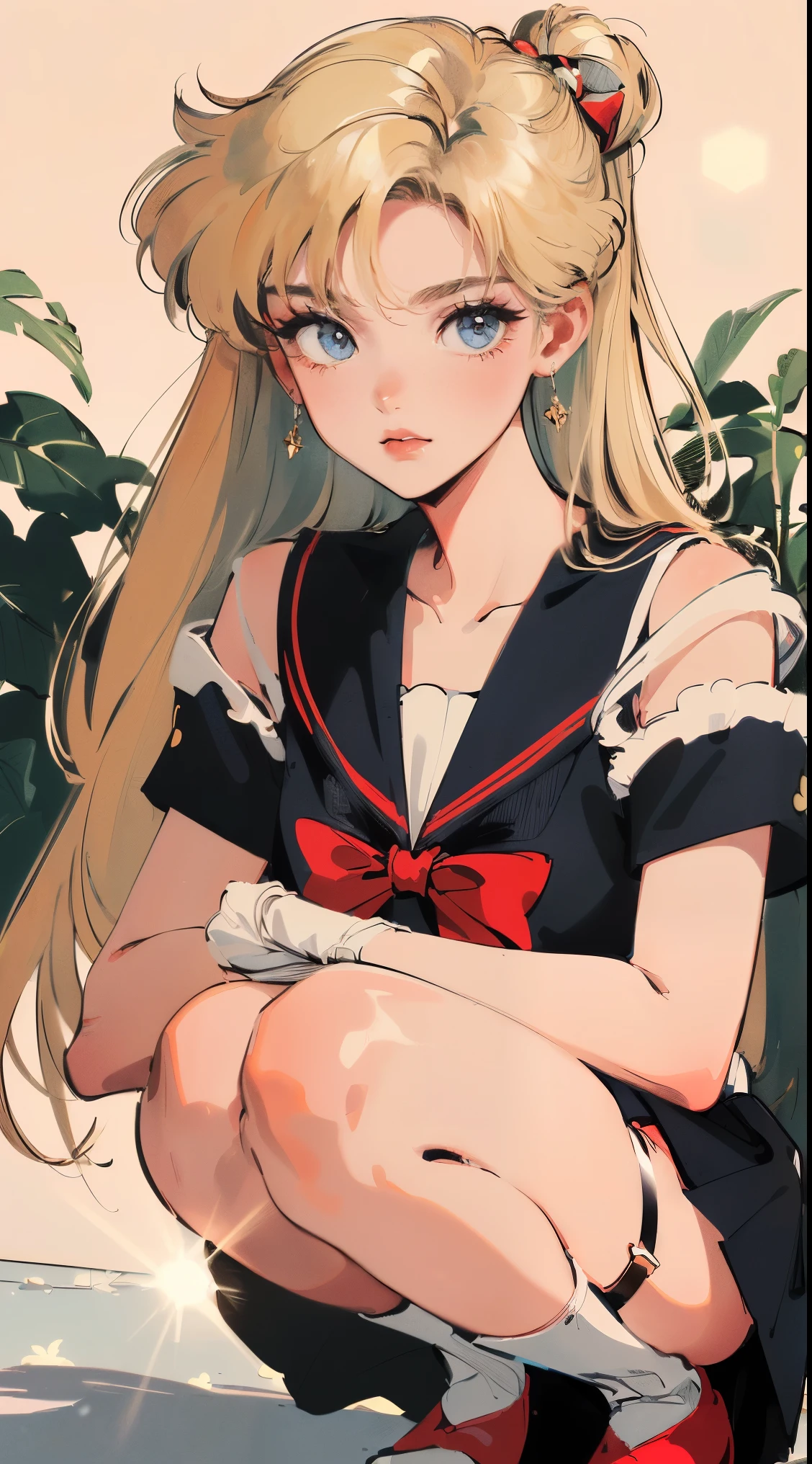 ((((blonde haired girl with sapphire eyes, sailor venus!!!!!!!!,Minako Aino ,retro anime girl , sailor moon aesthetic, anime vintage colors,Vaporwave style,90's anime style,have the style of folk portraits,chicano inspired retro fashion,renaissance, retro style inspiration retro,snow pieces, fresh and clean appearance,))))(masterpiece:1.2, best quality,top quality,epic quality,UHD), (detalhes intrincados),((head tilts,hands in pockets,squatting,Clavicle control,lip biting,naughty face,)) 1girls, solo,minimal makeup, tecidos naturais,adolescent,d,young face, cara travessa,((blur background,)) ((((In the background of leaves ,with shadow,))))blueberry hair,{long hair|Clearly visible hair|natural curved|long twintail|supple hair},claros, franja, franja na testa,incredibly_absurdres pupils,saia plissada, (((sagging breasts,red bow on front))), face madura, detailed face, ((ultra-detailed, Sun glare, Bokeh:85mm)), (geometric:1.2),)), ((bare shoulders,frills,short sleeves,Dark ,and pink dress,thigh ribbon,garter_belt,))ray tracing,god lighting,god ray)),((extremely_Detailed_Eyes_and_face)),(Beautiful and aesthetic: 1.2),Brilliant,unbelievable Ridiculous quality,)),((extremely_Detailed_Eyes_and_face)),(Beautiful and aesthetic: 1.2),Brilliant,Ultra-precise depiction, Ultra-detailed depiction,Bokeh (85mm Shot),