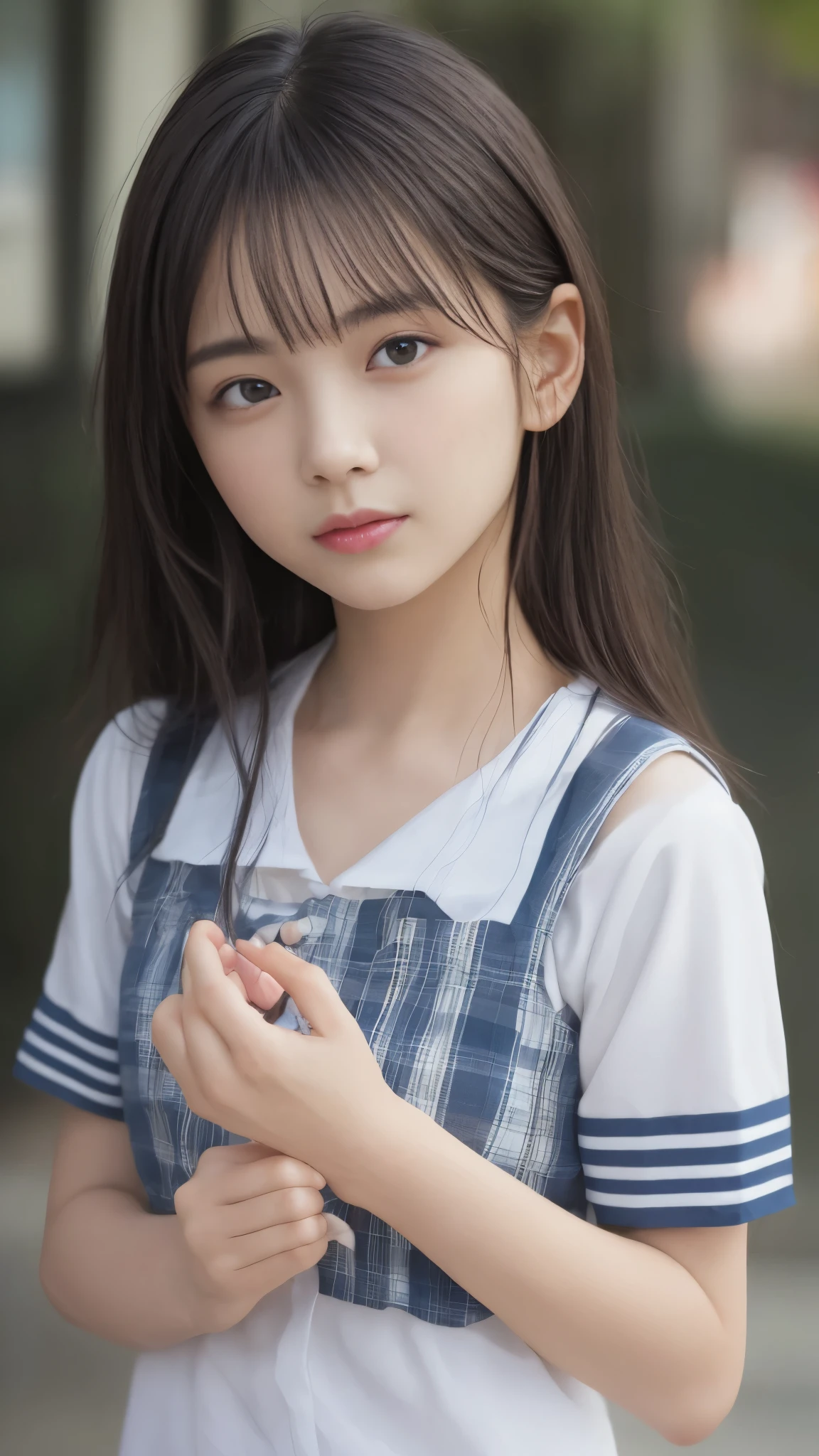 table top, highest quality, 8K, 16 years old, Ten generations, RAW photo, absurd, award-winning portraits, smile, smile, alone, daytime, idol face, violaces, delicate girl, Upper body, Digital single-lens reflex camera, looking at the viewer, Frank, Sophisticated, zora々right, thin arms, professional lighting, film grain, chromatic aberration, (Eye and face details:1.0), (Bokeh:1.1), (hyper pretty face:1.2)、(beautiful face:1.2), beautiful woman、Japan High School Girl Traditional Uniform、(white short sleeve sailor uniform:1.2), black haired、Middle straight hair、bangs、(Japanese)、short hair、