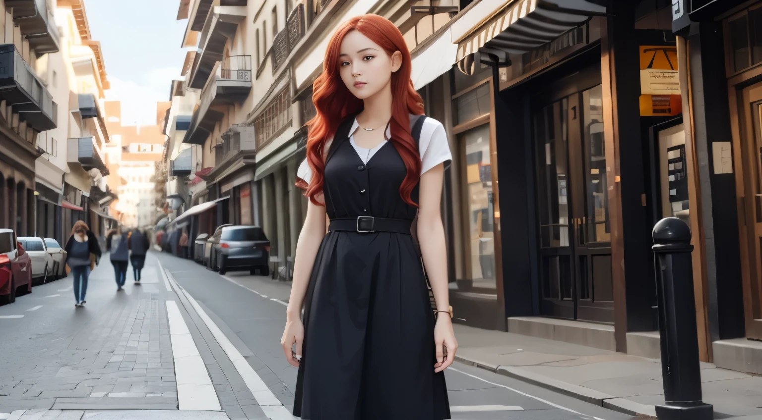 One with long red hair,Standing on the city street,daytime,ultra high resolution,1.4x more realism,UHD Ultra HD