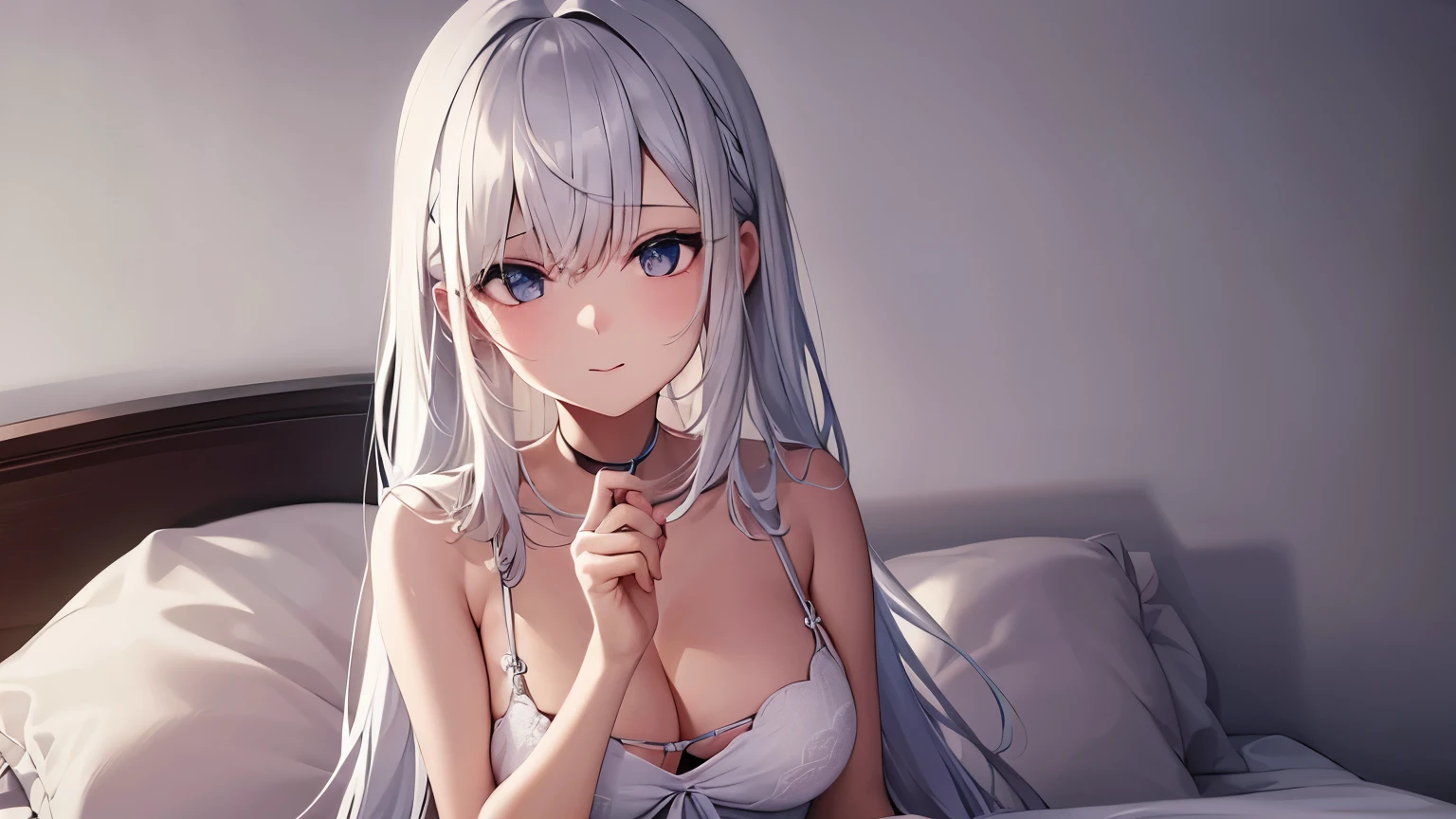 Woman, white hair, she's tied up in bed, tied, happy, in room, high details, 4K