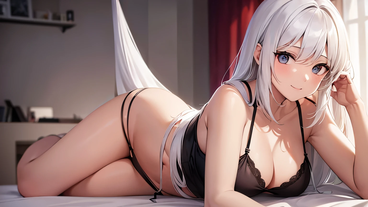 Woman, white hair, she's tied up in bed, tied, happy, in room, high details, 4K