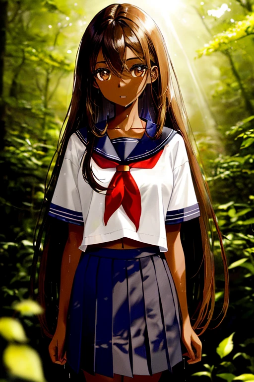 masterpiece, high quality, highres, 1girl, looking at viewer, face focus, (collarbone), navel, thighs, ((dark skin)), wet skin, very long Black hair, Each strand of hair is fine, hair between eyes, long bangs, messy hair, Wet hair beautiful and delicate ((brown eye's)), eye's in highlight, catch light eyes, specular highlight eyes, parted lips, midriff sailor school uniform, short sleeve, red color neckerchief, dark Blue pleated skirt, Yakushima, komorebi, sunlight filtering through the trees, the sunlight shining through the leaves of trees, bokeh, Blurred Backgrounds, depth of field,