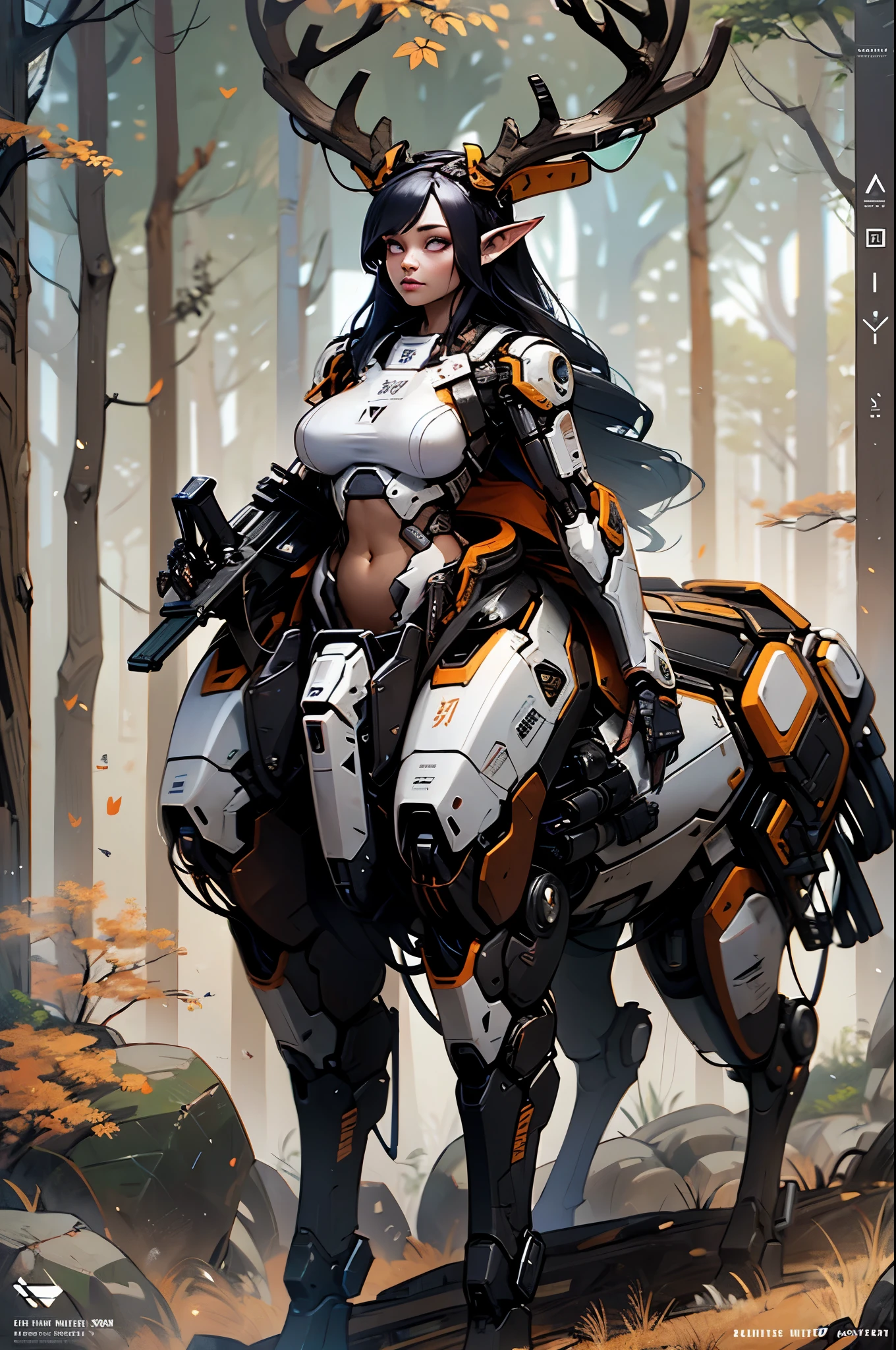 masterpiece, (1girl), extremely detailed female character, full body shot, best quality, dnd, dungeons and dragons, (curvy, athletic, pointy ears), (deer, deer ear, anthro, horns, glowing eyes), (magazine title, text), (magazine:1.3), medieval era, fantasy clothes, anime style, (medieval mecha sci-fi suit, autumn forest background, destroyed town, action pose:1.25), (nsfw:0.5)