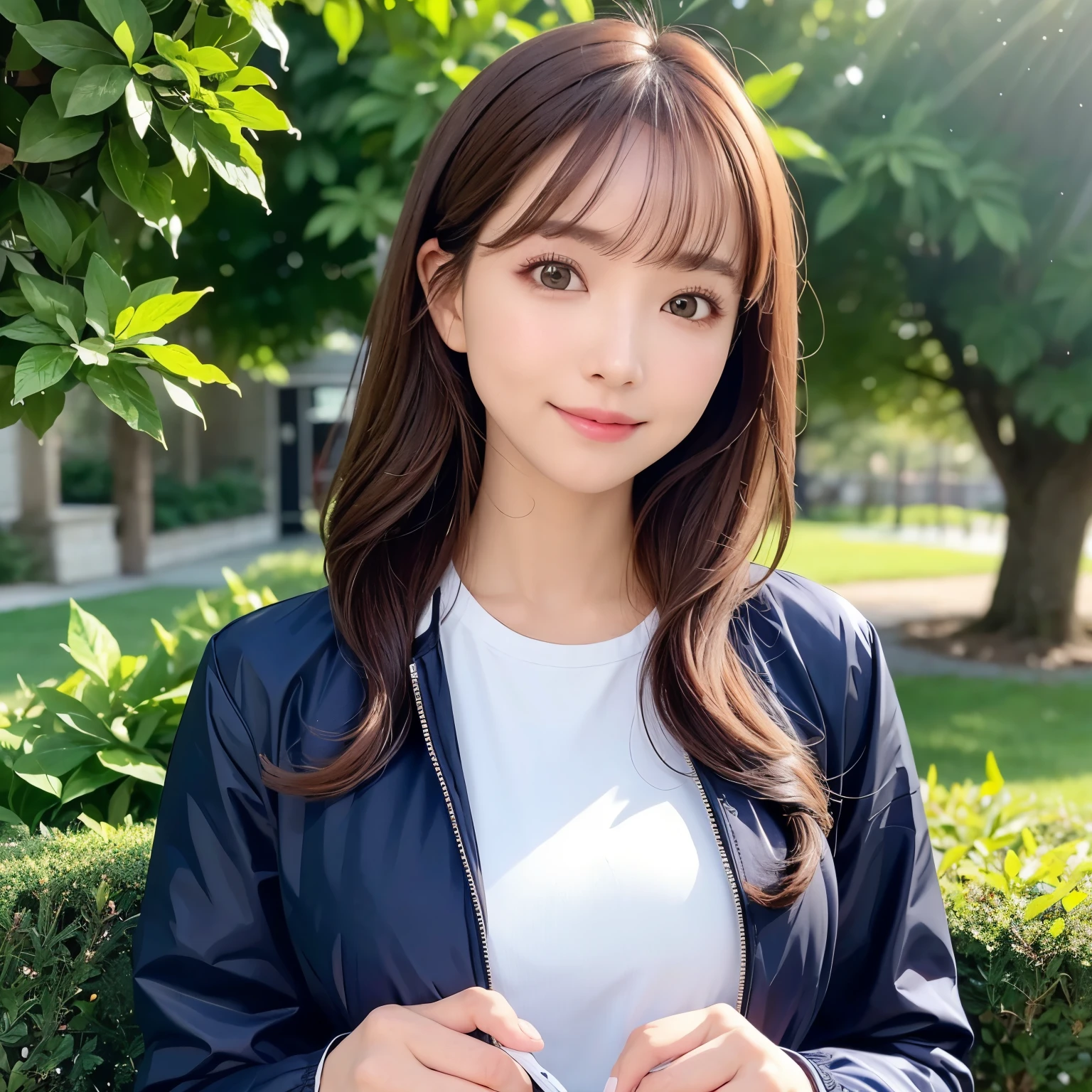 (highest quality、table top、8K、best image quality、Award-winning work)、one beautiful woman、Shining beautiful skin、(Competition windbreaker with stylish design:1.2)、(Stylish navy and pink sportswear:1.2)、Shiny ultra-high definition skin、(accurate anatomy:1.1)、A gentle smile looking at me、(upper body photo:1.1)、Standing gracefully、(Blurred grass park background:1.1)、portrait photography、(draw softly and smoothly:1.1)、very romantic、光を受けてShining beautiful skin、(very bright and refreshing:1.1)、(the most detailed and perfect face:1.1)、(The most detailed sparkling eyes:1.1)、(Beautiful and moisturized skin:1.1)