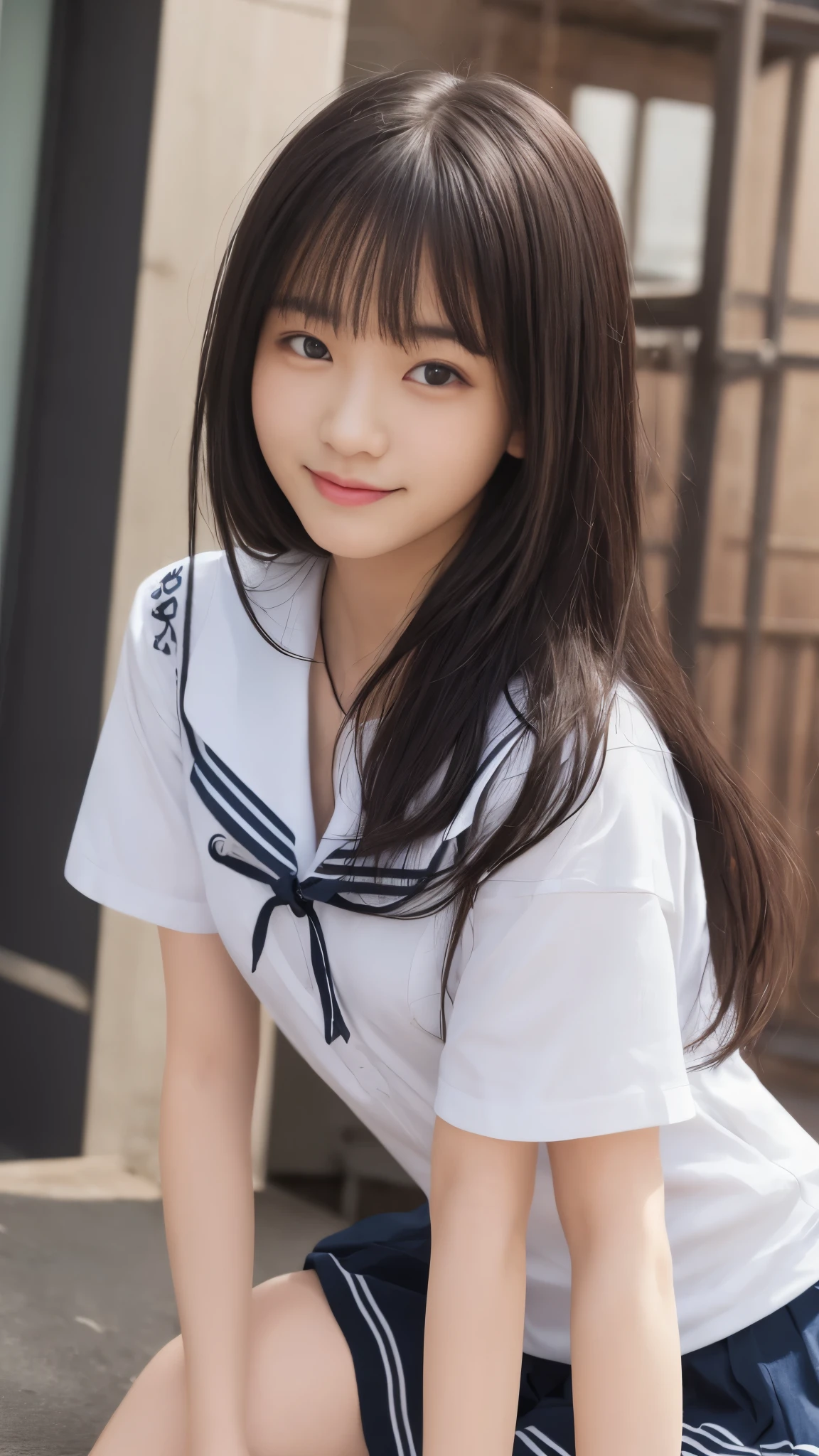 table top, highest quality, 8K, 16 years old, Ten generations, RAW photo, absurd, award-winning portraits, smile, smile, alone, daytime, idol face, violaces, delicate girl, Upper body, Digital single-lens reflex camera, looking at the viewer, Frank, Sophisticated, zora々right, thin arms, professional lighting, film grain, chromatic aberration, (Eye and face details:1.0), (Bokeh:1.1), (hyper pretty face:1.2)、(beautiful face:1.2),　beautiful woman、Japan High School Girl Traditional Uniform、(white short sleeve sailor uniform:1.2), black haired、Middle straight hair、bangs、(Japanese)、short hair、