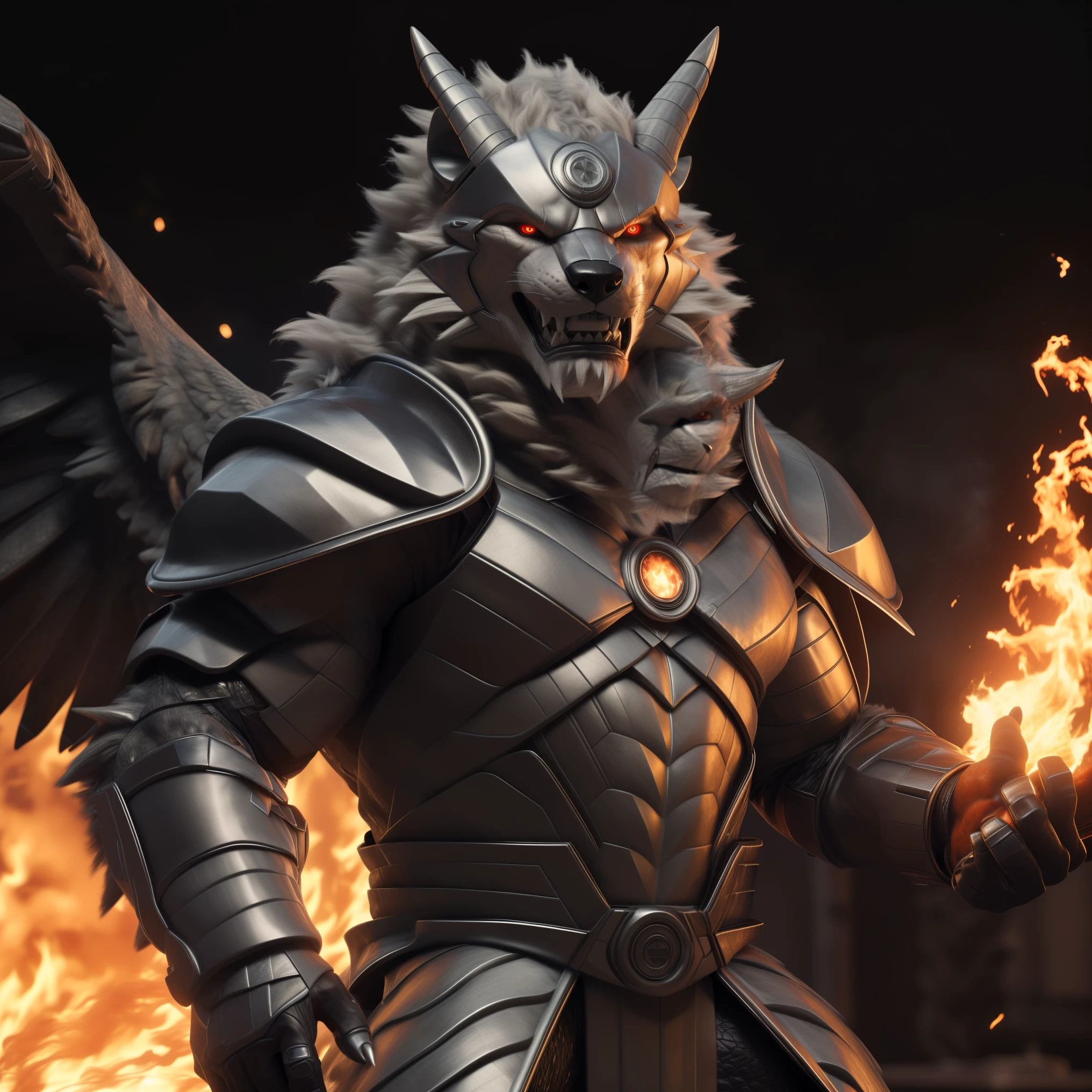 (best quality,16k,32k,highres,masterpiece:1.2),ultra-detailed,(realistic,photorealistic,photo-realistic:1.37),(the ultimate final boss Orochi ranok) looking at the viewer serious expression a realistic background of a San Diego Texas on fire bright red eyes wearing Wearing Cyborg Armor A super villain pose Black angel wings expression of serious courageous and confident