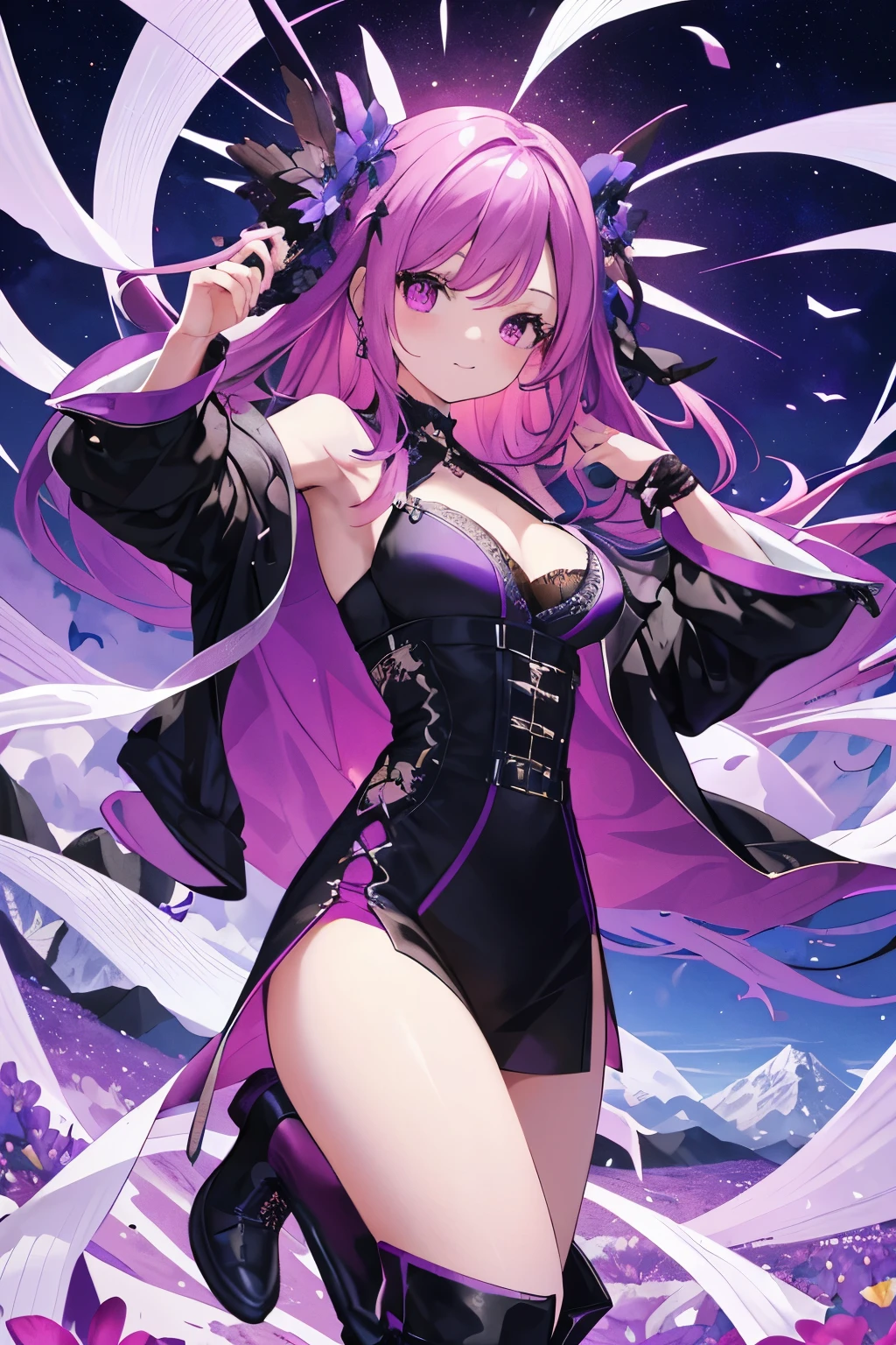 Personaje: A lively figure dressed in a black gown matched with a magenta-purple jacket and boots; Flower Field: An extravagant expanse filled with magenta-purple flowers stretching out to the horizon; Mountains: A series of majestic mountains with a blue hue rise grandly in the backdrop; Cielo: A clear sky embellished with white, fluffy clouds, setting an idyllic ambiance. (masterpiece:1.21), (best quality:1.331), (ultra-detailed), (extremely best illustration), ((amazing)), (hyper quality), Gorgeous and rich graphics, (extremely beautiful